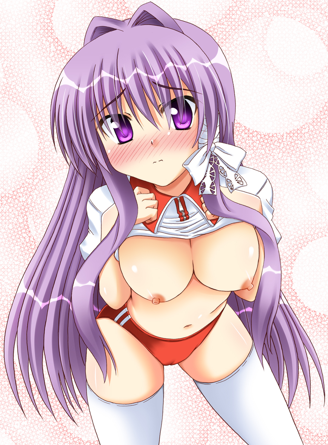 1girls bow buruma clannad clothing female fujibayashi_kyou gym_uniform highres kyou_fujibayashi large_breasts lask nipples pointy_chin shirt shirt_lift solo stockings thighhighs