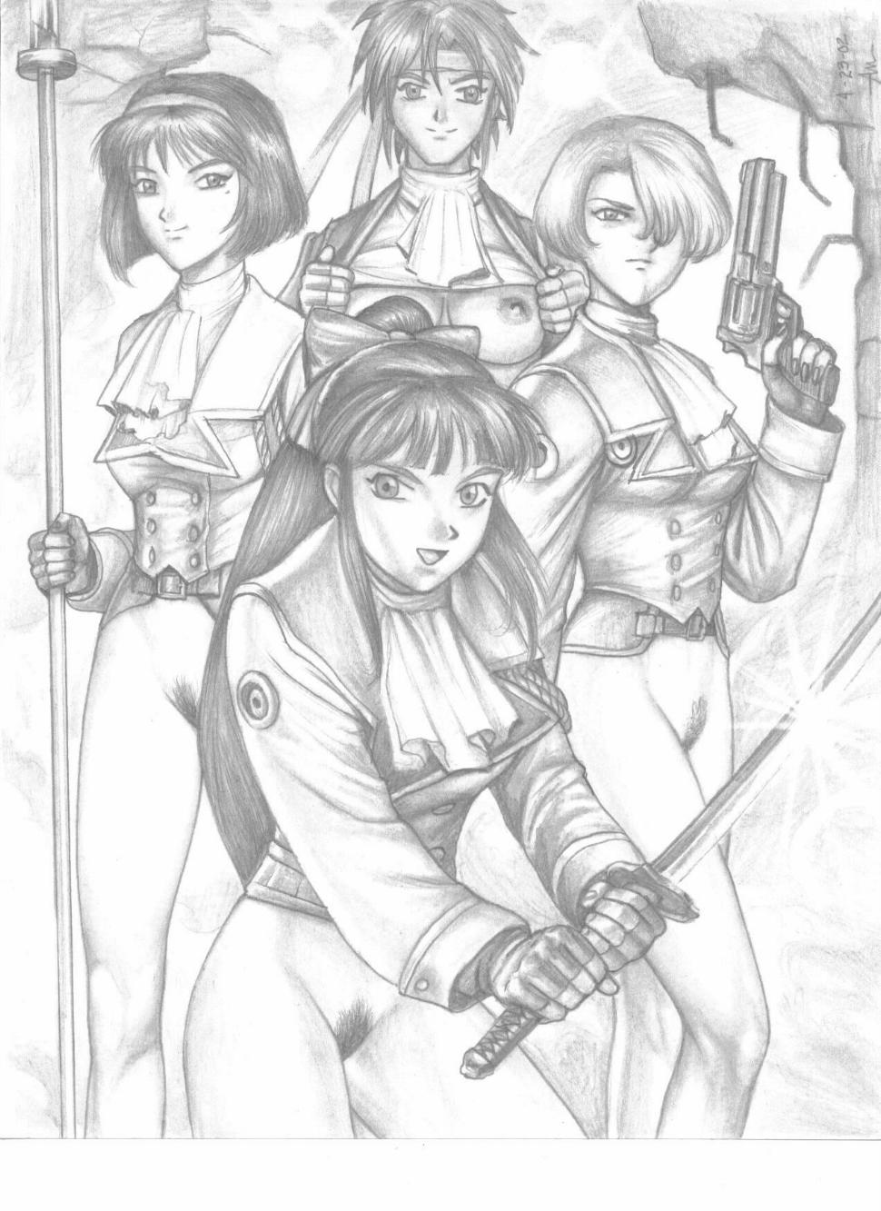 2002 4girls bow casual clothing female female_only firearm gun handgun handwear human kanzaki_sumire kirishima_kanna maria_tachibana medium_breasts mole mole_under_eye monochrome multiple_girls pale_skin pandoras_box pubic_hair revolver sakura_shinguji sakura_taisen sakura_wars sega sketch sword weapon