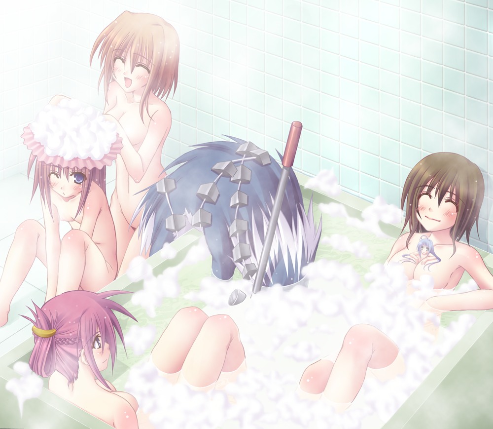 bathing bathtub between_breasts breasts closed_eyes female giantess group_bathing hayate_yagami human kago_no_tori kagonotori long_hair lyrical_nanoha macro_female mahou_shoujo_lyrical_nanoha mahou_shoujo_lyrical_nanoha_a's mahou_shoujo_lyrical_nanoha_strikers micro_female micro_in_cleavage micro_on_macro nude person_between_breasts reinforce_zwei shamal short_hair signum vita wink zafira