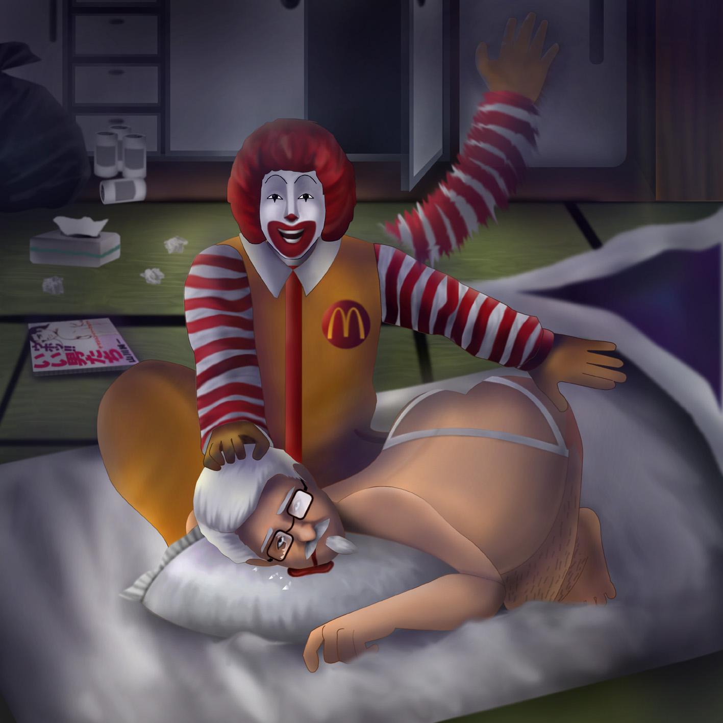 2boys blood broken_glass colonel_sanders face_down_ass_up facepaint facial_hair gay glasses goatee hand_on_head highres japanese_text jockstrap kfc looking_at_viewer male_only mascot mcdonald's mustache older_male red_hair ronald_mcdonald spanking white_hair