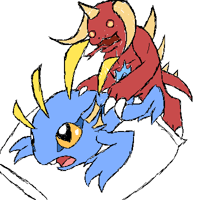 blue_skin claws colored_sketch feral_on_feral fins forked_tongue horn horns mini-diablo murky_(hots) murloc one_tooth open_mouth pillow red_skin simple_background sketch slit_pupils spines tail world_of_warcraft