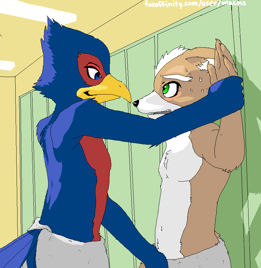 anthro color falco_lombardi fox fox_mccloud fur furry furry_only gay groping indoors interspecies locker locker_room male male_only multiple_males nintendo no_humans pheasant side_view star_fox yaoi