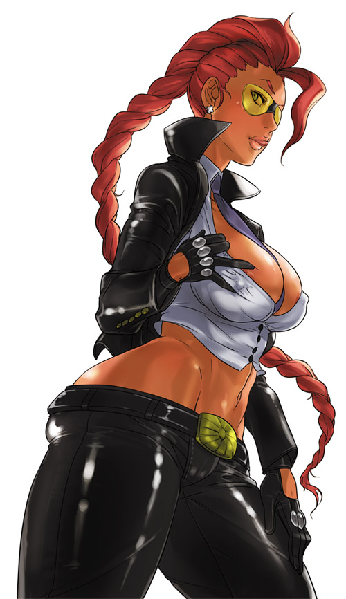 areola braid breasts capcom cleavage crimson_viper dark-skinned_female dark_skin erect_nipples female female_only gloves hips huge_breasts human leather long_hair midriff namboku naughty_face pompadour red_hair shirt_pull solo straight_hair street_fighter street_fighter_iv sunglasses wide_hips