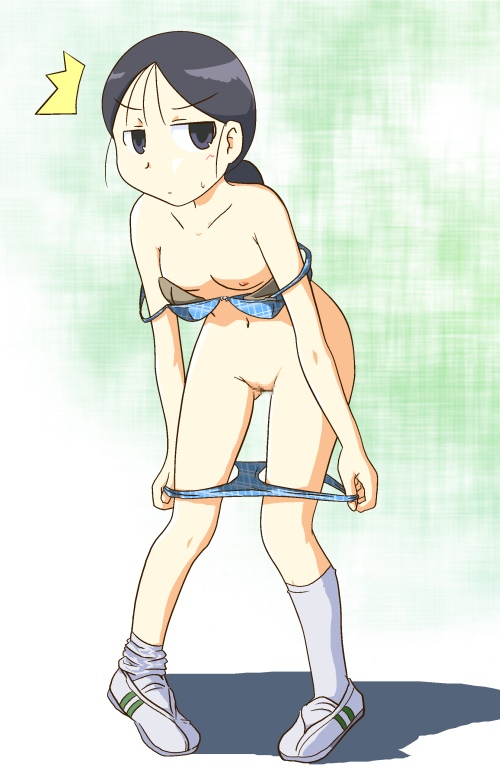 bent_over black_eyes black_hair bra bra_pull breast_padding censored flat_chest footwear kneehighs kokage_kuga kuga_kokage leaning_forward lingerie nipples panties panty_pull ponytail pussy shoes sketchbook sketchbook_full_colors sock_pull socks tied_hair toutouhai underwear undressing