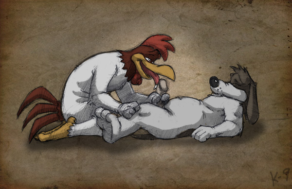 anthro barnyard_dawg bird canine chicken dog foghorn_leghorn fur furry furry_only interspecies k-9 licking looney_tunes lying male male_only mammal multiple_males no_humans nude on_back penis side_view soft_feathers tongue yaoi