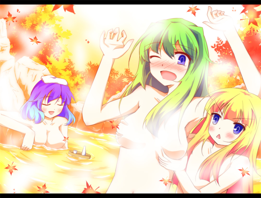 breast_grab breasts censored convenient_bath_steam convenient_censoring kanako_yasaka leaf leaves nanamomo_rio nanamomorio onsen sanae_kochiya steam suwako_moriya touhou