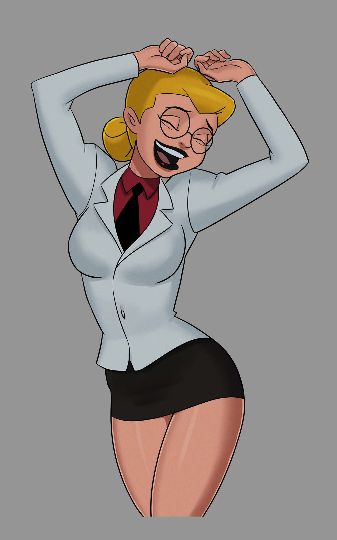 1girls, 2d, batman (series), batman: the animated series, big breasts, black skirt, blonde hair, closed eyes, clothed, clothed female, color, dancing, dc, dc comics, dcau, dr. harleen quinzel, female, female only, full color, fully clothed, glasses, harleen quinzel, hourglass figure, miniskirt, non-nude, open mouth, pencil skirt, pose, posing, red shirt, simple background, skirt, skirt suit, smile, solo, something unlimited, sunsetriders7, tagme, the new batman adventures, tight skirt, white jacket, wide hips