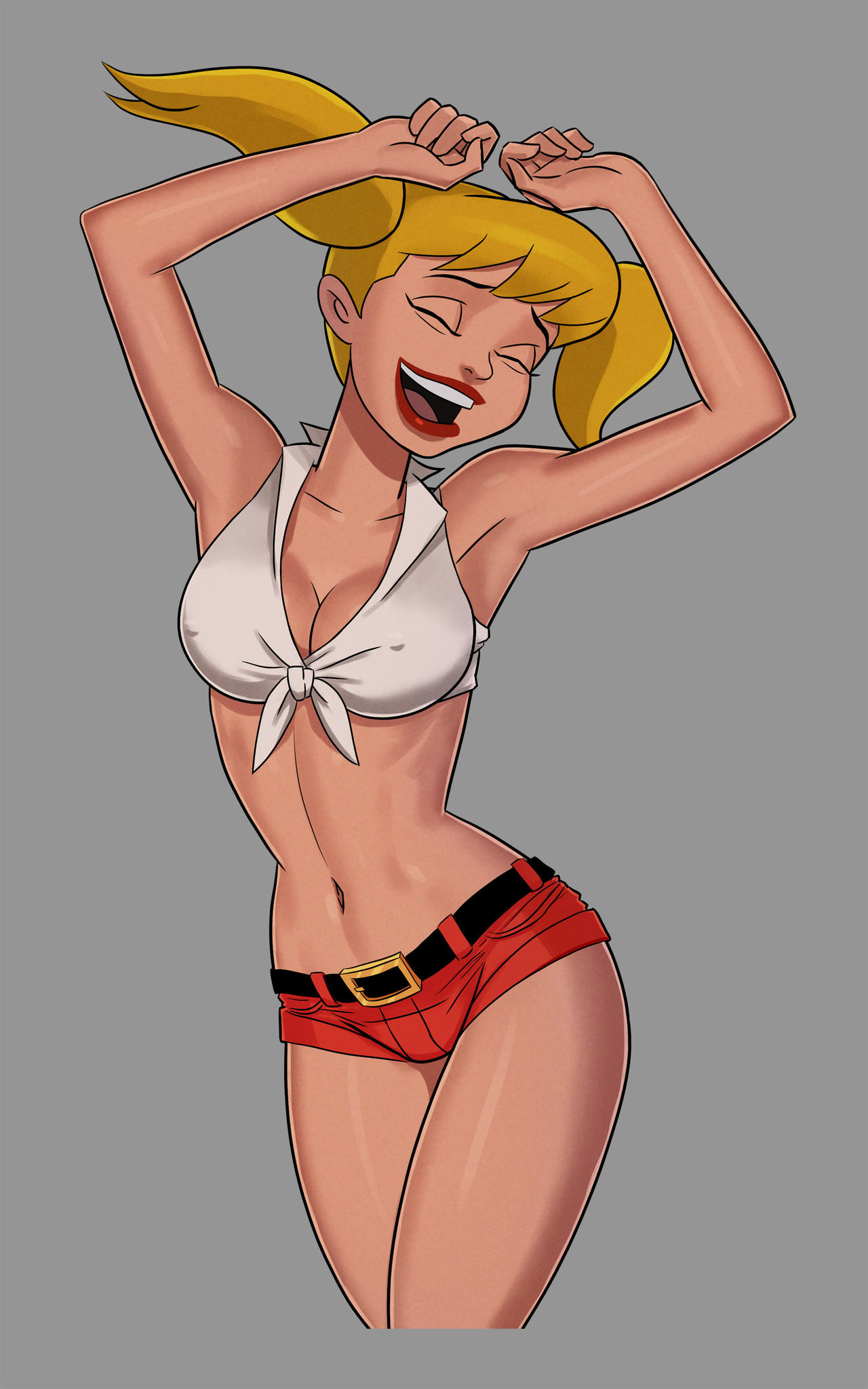 1girls batman:_the_animated_series batman_(series) big_breasts blonde_hair cleavage dancing dc dc_comics dcau female female_only harleen_quinzel harley_quinn hourglass_figure large_breasts navel nipples pigtails pose posing pubic_hair pussy short_shorts short_top solo something_unlimited sunsetriders7 vagina wide_hips