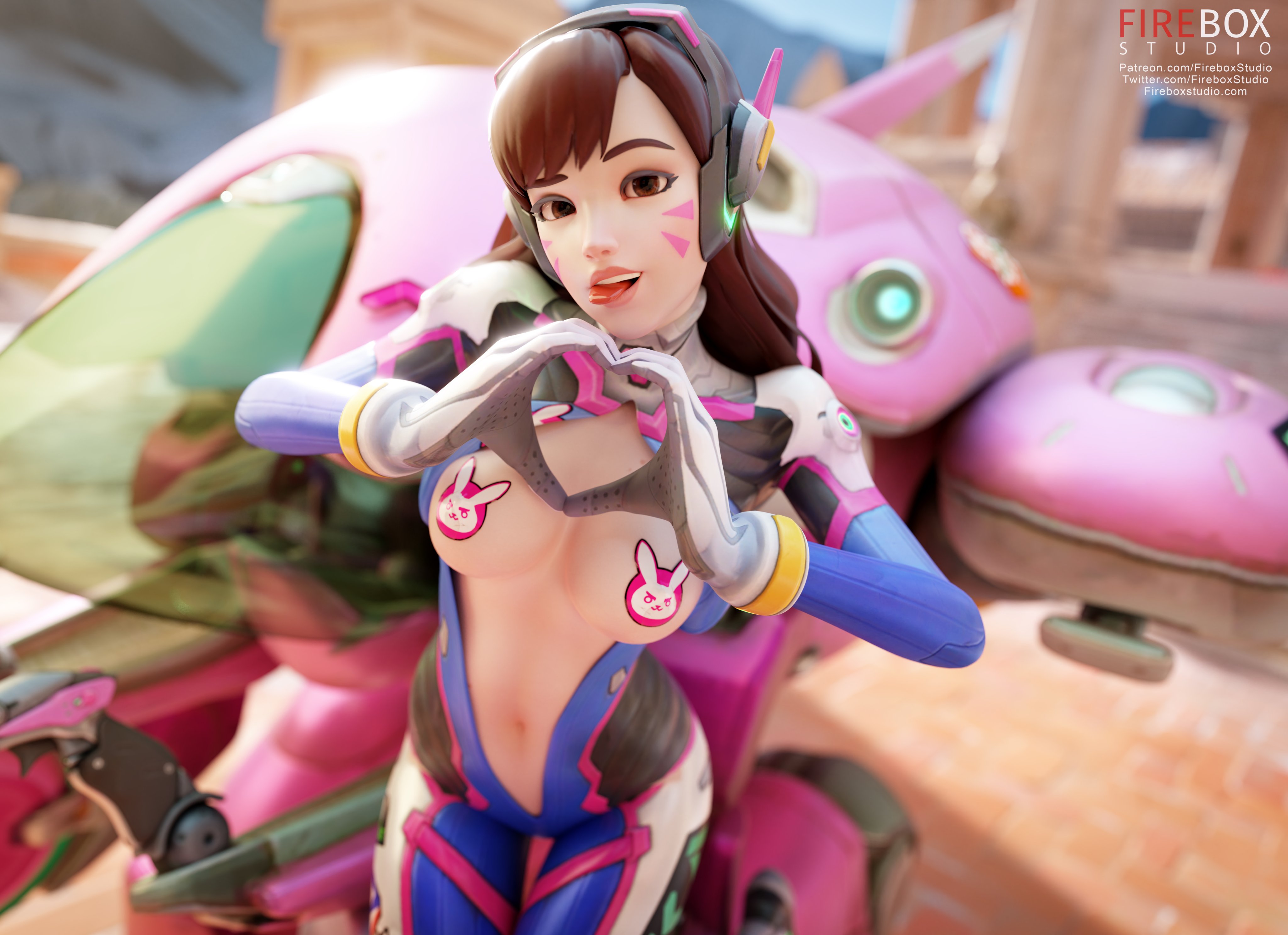 :p, 1girls, 3d, absurdres, asian, asian female, blender, bodysuit, breasts, brown eyes, brown hair, d.va, female, female only, fireboxstudio, gloves, hana song, hand heart, headset, heart hands, highres, long hair, looking at viewer, meka, overwatch, pasties, solo, tokki (overwatch)