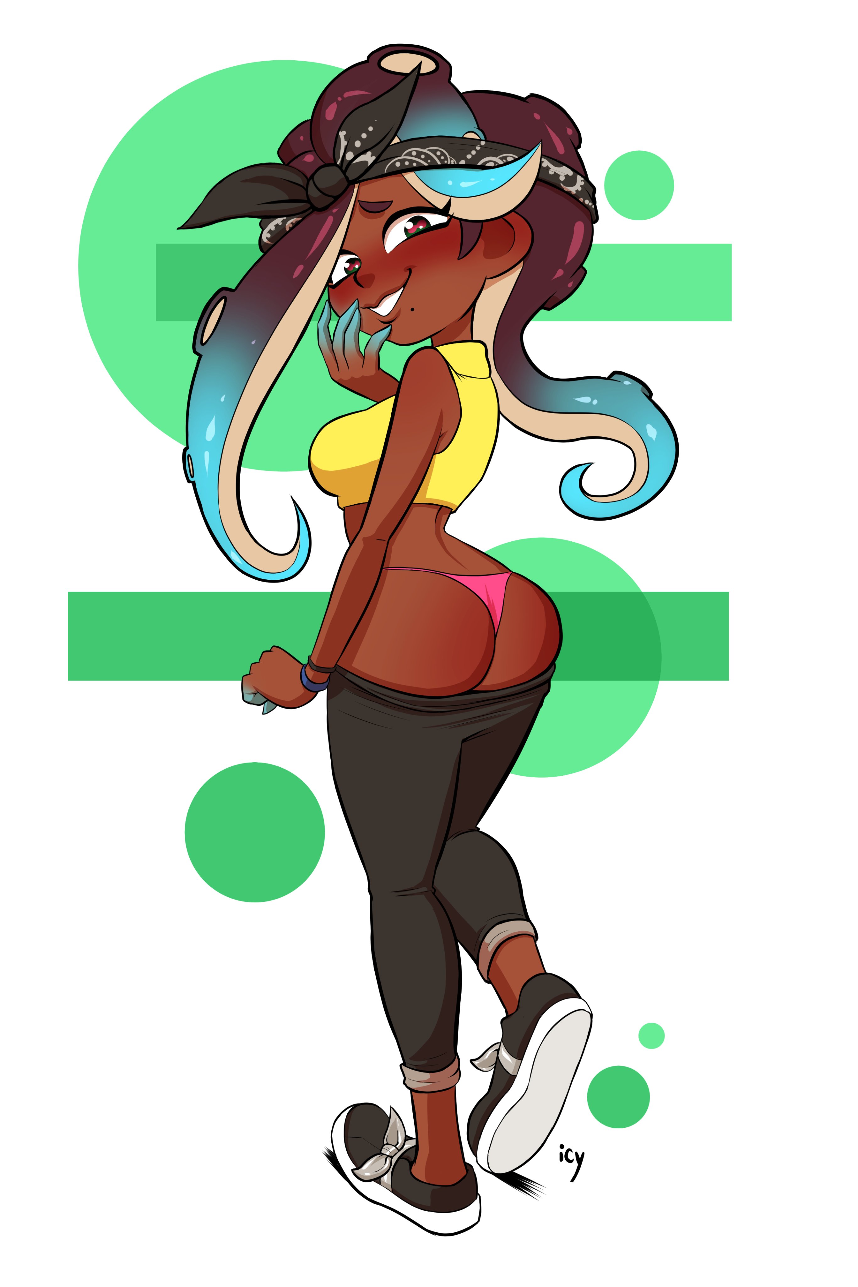 1girls, 2019, absurdres, ass, blush, dark skin, dark-skinned female, female, female only, highres, iseenudepeople, looking at viewer, looking back, marina (splatoon), multicolored hair, nintendo, octoling, panties, smile, sneakers, solo, splatoon, splatoon 2, thong, unusual anatomy, unusual eyes, unusual pupils, yoga pants