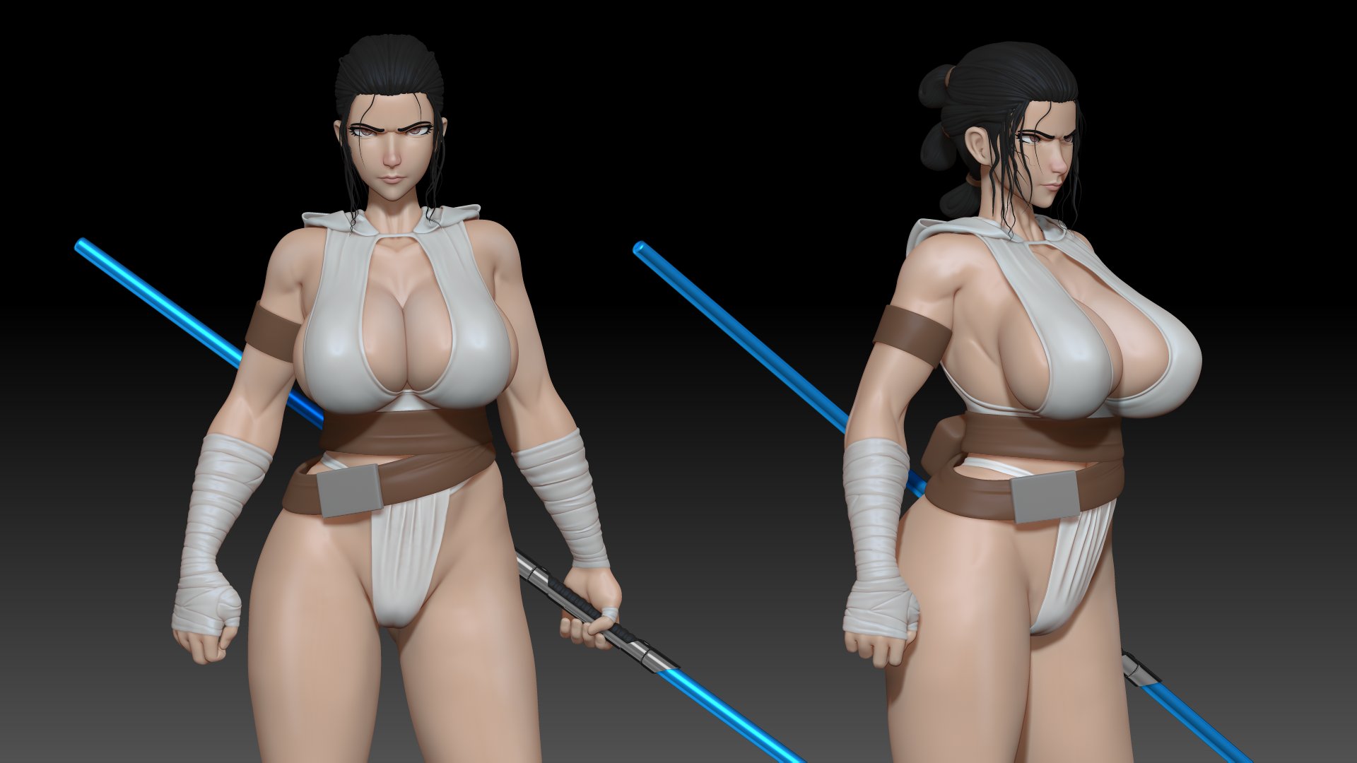 3d, athletic, bare legs, belt, biceps, big breasts, black hair, blue lightsaber, breasts, busty, cameltoe, cleavage, dual-bladed lightsaber, fat mons, female, female focus, female only, generalbuta, hood, hoodie, hourglass figure, large breasts, lightsaber, muscle tone, muscles, muscular, muscular female, overflowing breasts, pose, posing, rey, sideboob, skimpy, skimpy clothes, solo, star wars, tagme, thick thighs, tied hair, wide hips