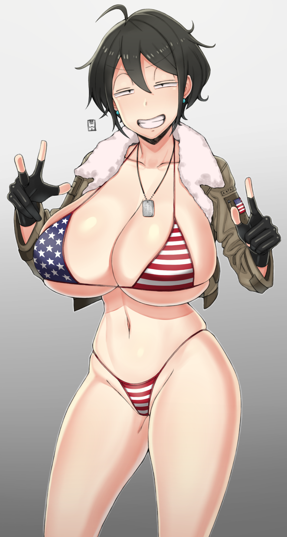 1girls 30th_video_rentals american_flag american_flag_bikini bikini black_hair breasts chuuko_rental cleavage female flag_bikini handplug huge_breasts indie_virtual_youtuber jacket kataochi_chuuko nakako_kataochi short_hair slim_waist smiling thick_thighs victory_pose virtual_youtuber vtuber