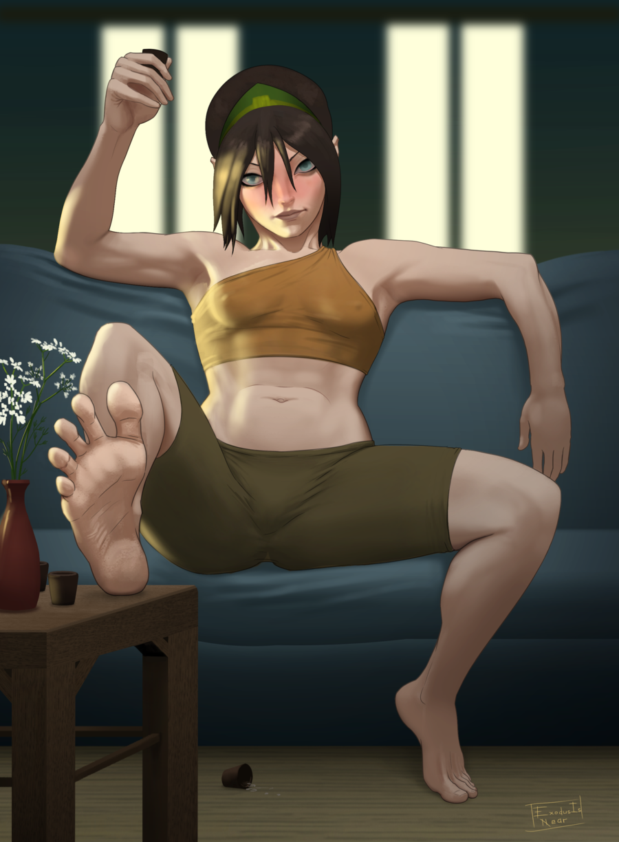 1girls aged_up armpits avatar_the_last_airbender barefoot blind blush clothed clothed_female clothing drinking erect_nipples erect_nipples_under_clothes exodusisnear feet female fit fit_female flat_chest foot foot_fetish foot_focus foot_on_table halter_top midriff navel ngmi presenting_feet sake shorts small_breasts soles spilled_drink spread_legs spread_toes toes toph_bei_fong