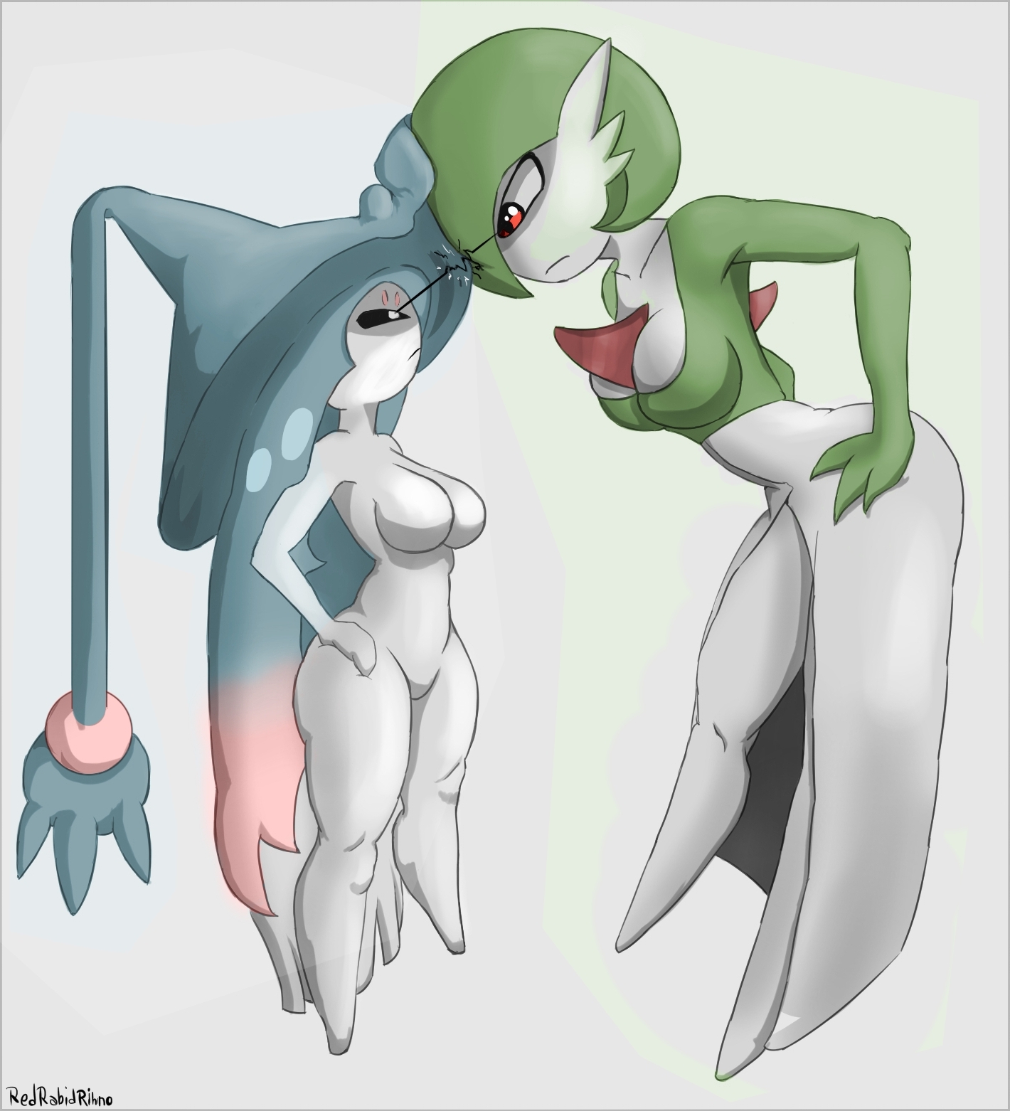 2girls, anthro, anthrofied, eye contact, fairy, female, furry, gardevoir, half-closed eyes, hatterene, larger female, nintendo, no humans, pokemon, pokemon (species), pokemon rse, pokemon ss, size difference, smaller female, source request, thick thighs, wide hips
