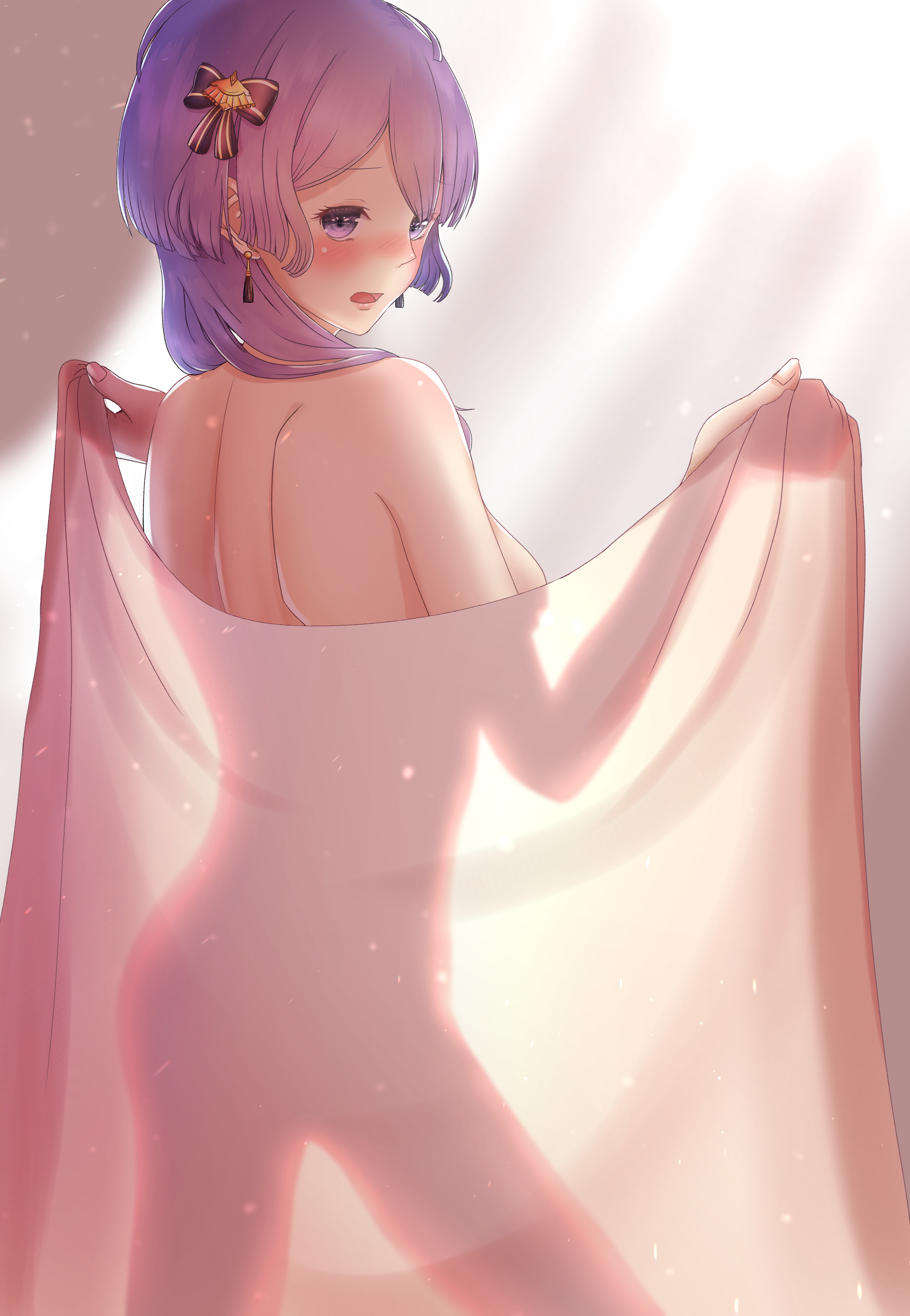 :o, back, bernadetta von varley, blush, bow, breasts, earrings, embarrassed, female, fingernails, fire emblem, fire emblem: three houses, full-face blush, hair ornament, hairbow, high resolution, holding sheet, indoors, jewelry, light rays, looking at viewer, looking back, medium breasts, medium hair, naked sheet, nude, open mouth, parupome, post-timeskip, purple eyes, purple hair, sideboob, silhouette, solo, standing, very high resolution