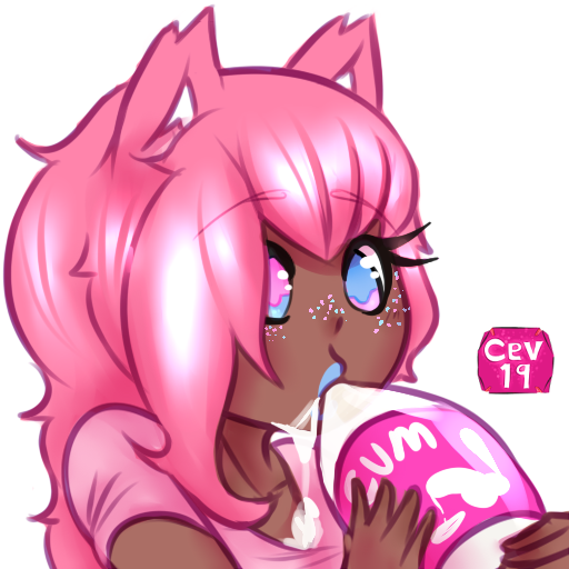 2019 animal_humanoid blue_lipstick canid canine canis cev chibi clair_sewall clothed clothing cum dark_skin drinking_cum female glitter hair heterochromia humanoid lipstick long_hair makeup pink_hair