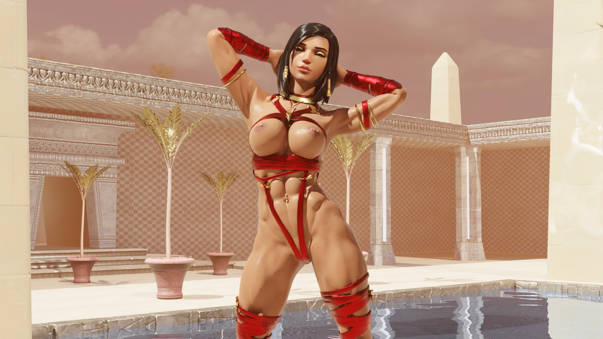1girls, 3d, abs, areolae, blender, breasts, dark skin, dark-skinned female, female, female only, gifdoozer, muscles, muscular, muscular female, nipple piercing, nipples, overwatch, pharah, piercing, solo