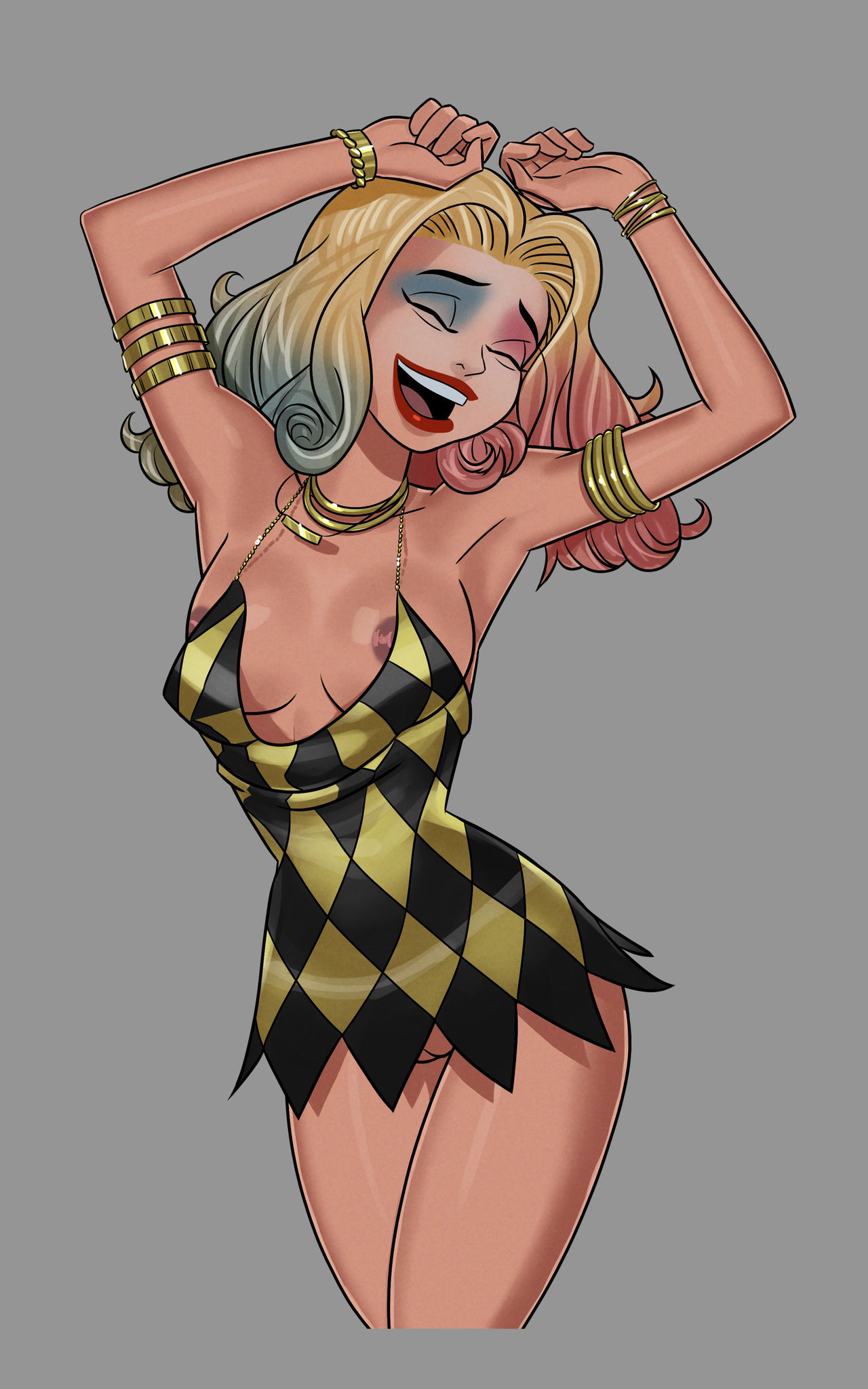 batman (series), blonde hair, breasts, dc, dc comics, dcau, dress, female, female focus, female only, harley quinn, hourglass figure, innie pussy, large breasts, minidress, multicolored clothes, multicolored dress, navel, nipple slip, nipples, pose, posing, pubic hair, pussy, solo, sunsetriders7, vagina, wide hips