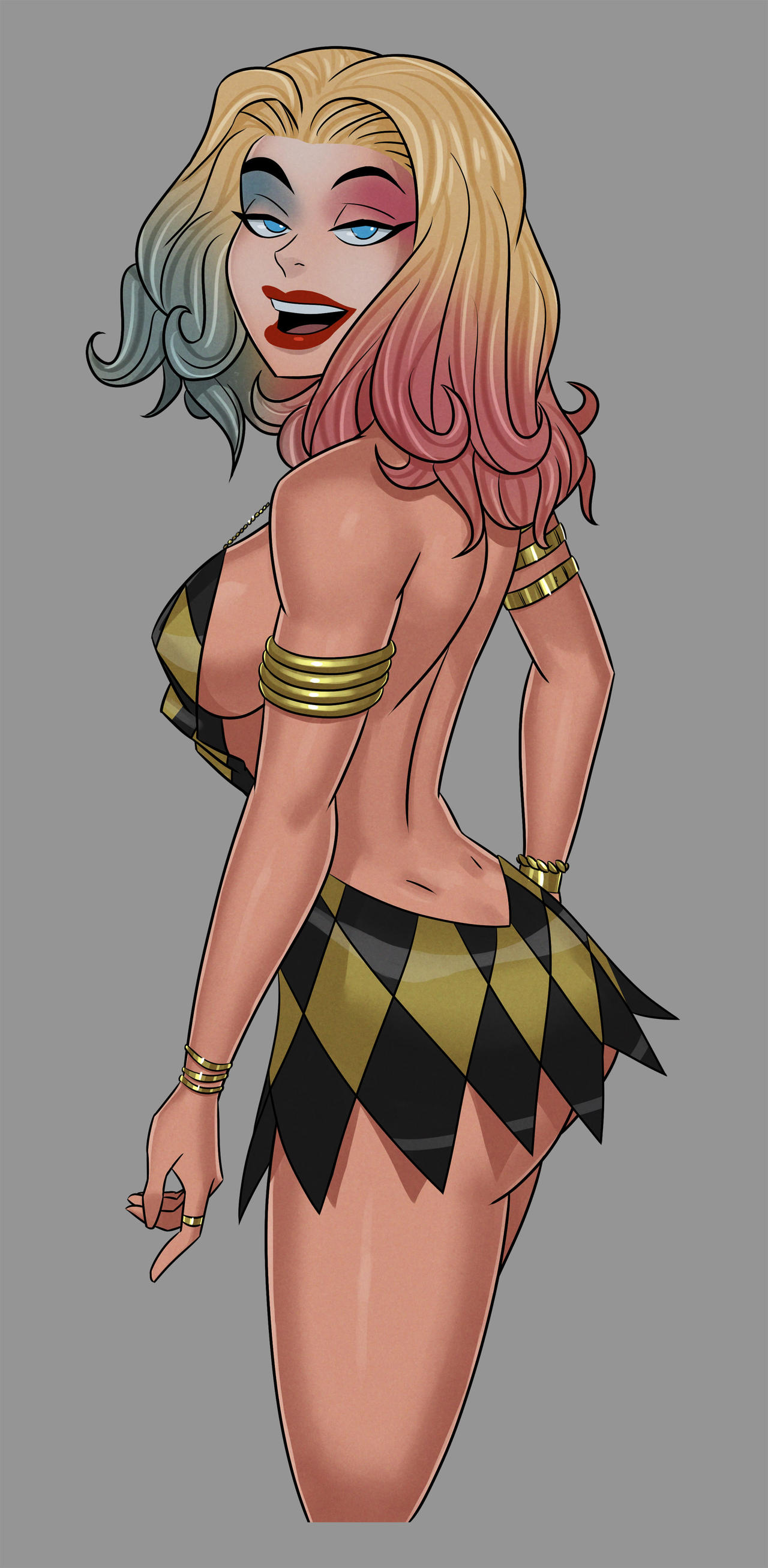 batman (series), blonde hair, breasts, dc, dc comics, dcau, dress, female, female focus, female only, harley quinn, hourglass figure, large breasts, minidress, multicolored clothes, multicolored dress, navel, nipples, pose, posing, pubic hair, pussy, solo, sunsetriders7, tagme, vagina, wide hips