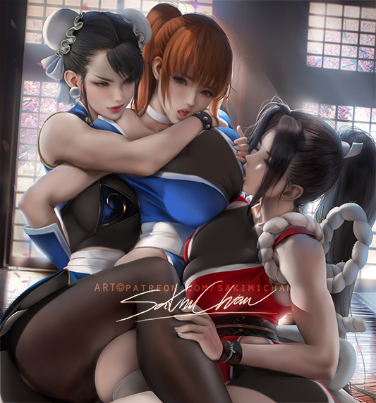 3girls, big breasts, breast sucking, breasts, chun-li, dead or alive, fatal fury, female, female only, kasumi (doa), king of fighters, large breasts, mai shiranui, multiple females, multiple girls, sakimichan, snk, street fighter, yuri