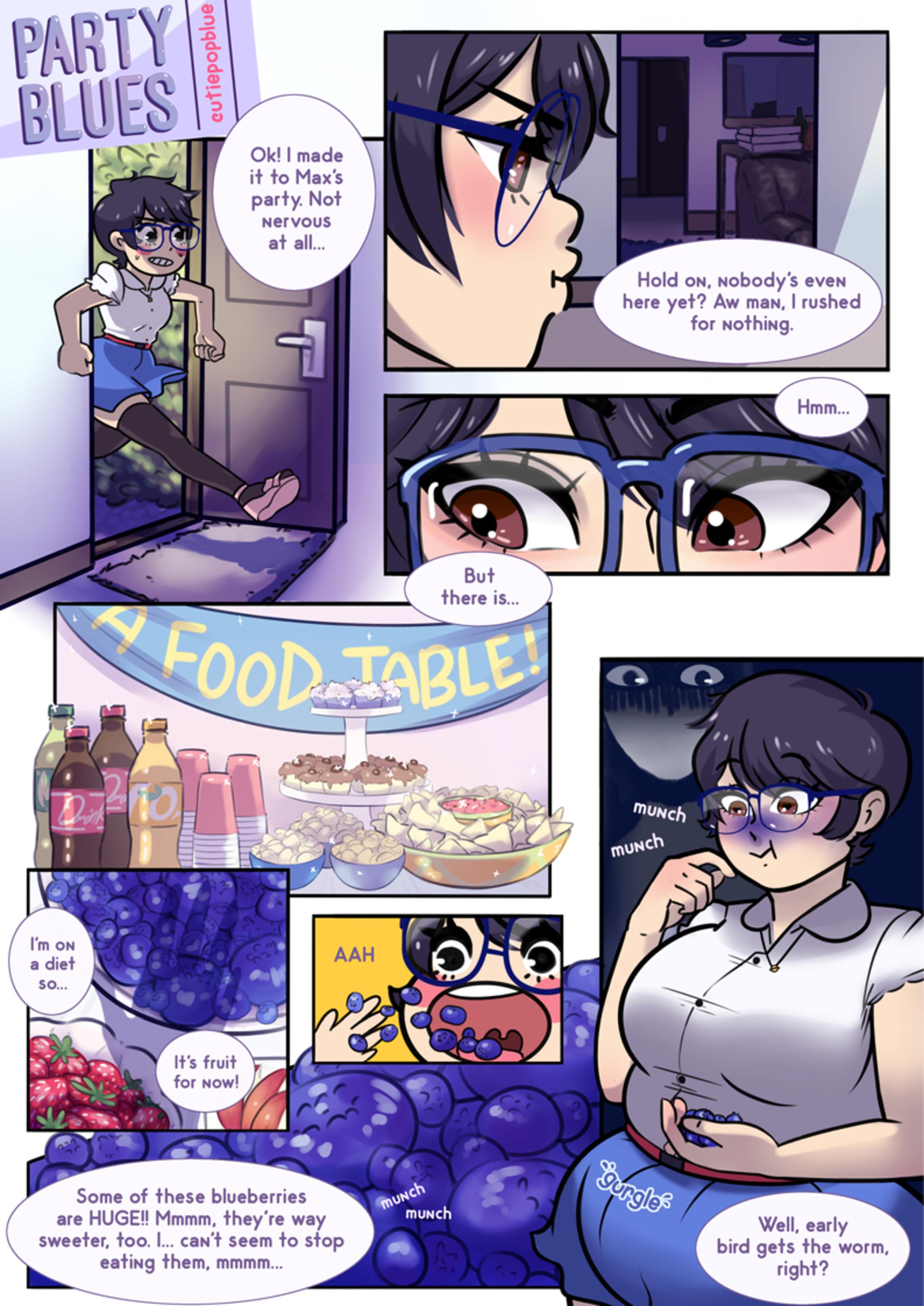 blueberry, blueberry inflation, comic, cutiepopblue, ellie (cutiepopblue), female, light skin, light-skinned female, skin turning blue, tagme