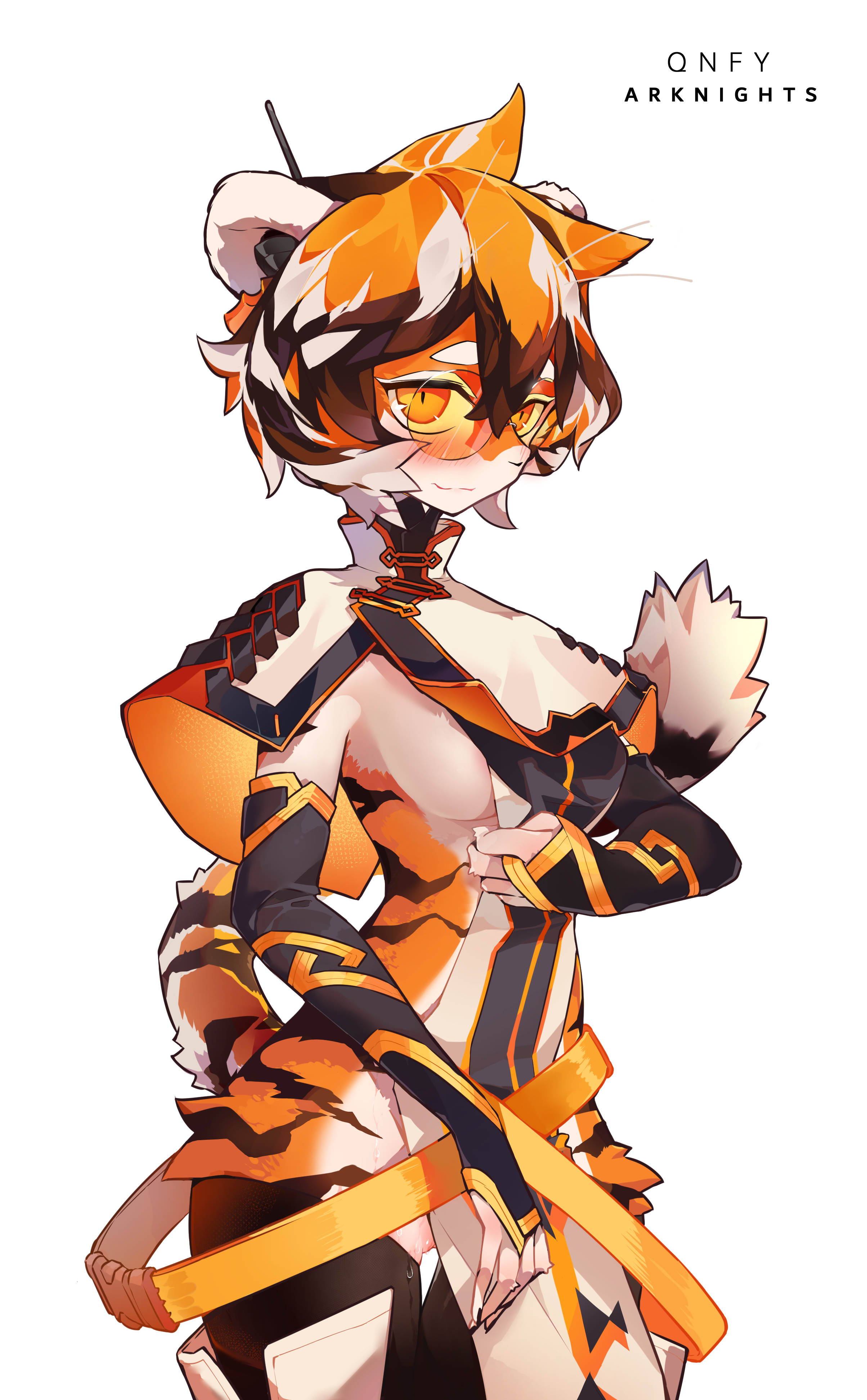 10s, 2019, 5 fingers, absurdres, anthro, arknights, black body, black fur, black hair, black nose, blush, bodily fluids, breasts, earpiece, eyewear, felid, female, fingers, flashing, fur, furry, genital fluids, glasses, highres, looking at viewer, mammal, multicolored body, multicolored fur, multicolored hair, orange body, orange fur, orange hair, orange-tinted eyewear, pantherine, portrait, pussy, pussy juice, short hair, sideboob, smile, solo, striped body, striped fur, stripes, sunglasses, thigh gap, three-quarter portrait, tiger, tinted eyewear, waai fu (arknights), white body, white fur, white hair, yellow eyes, 吃猫的金鱼