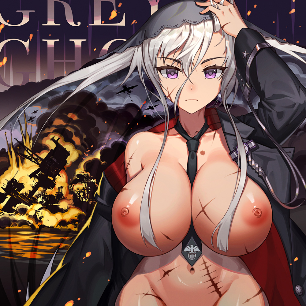 azur lane, breasts, enterprise (azur lane), explosion, female, female protagonist, fire, huge breasts, powergene, powzin, purple eyes, scar, tie, white hair
