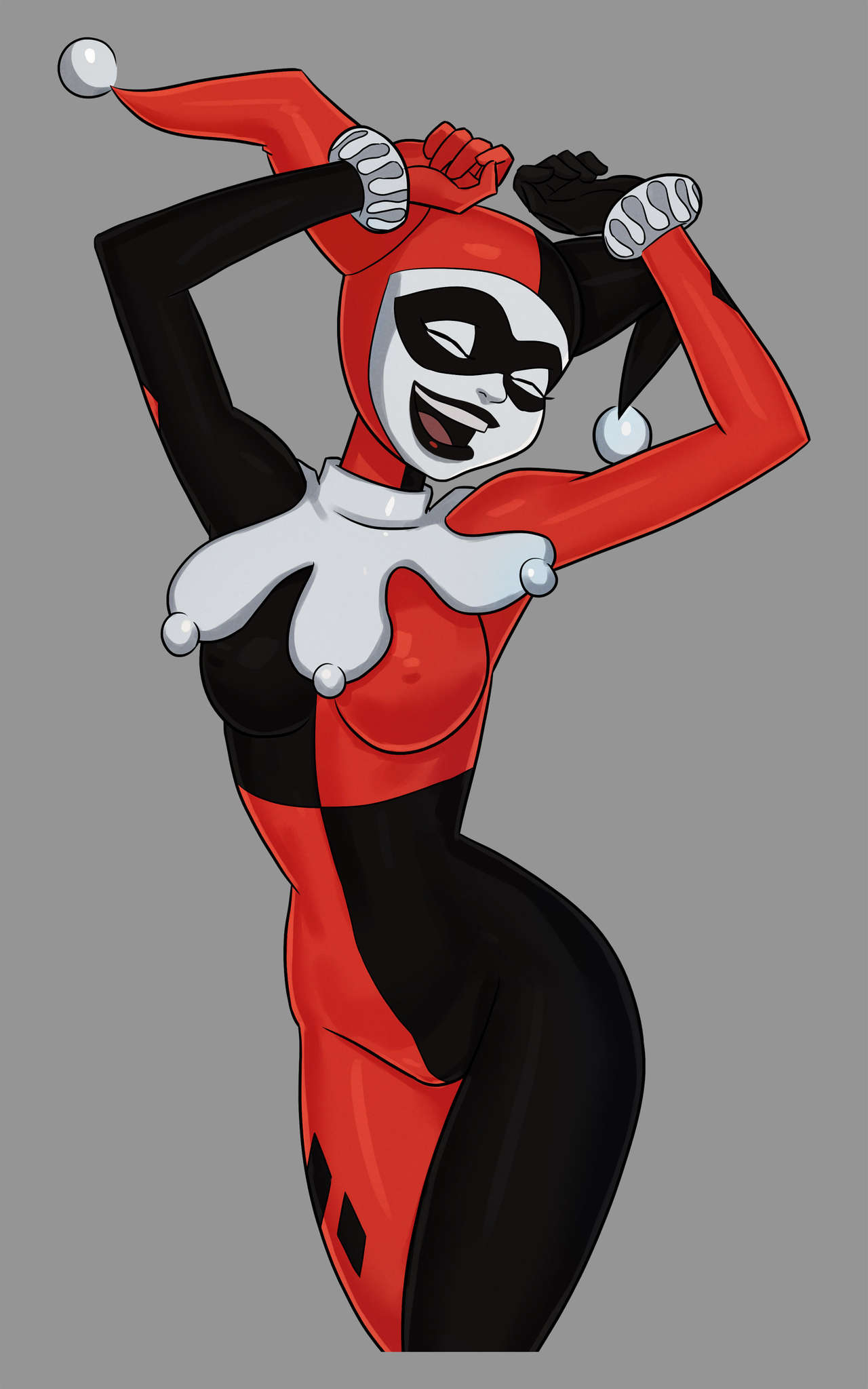 1girls, arms up, batman (series), batman: the animated series, black lips, bodysuit, clown makeup, dancing, dc, dc comics, dcau, female, female only, harley quinn, harley quinn (classic), hourglass figure, mask, nipples visible through clothing, pose, posing, solo, sunsetriders7, wide hips