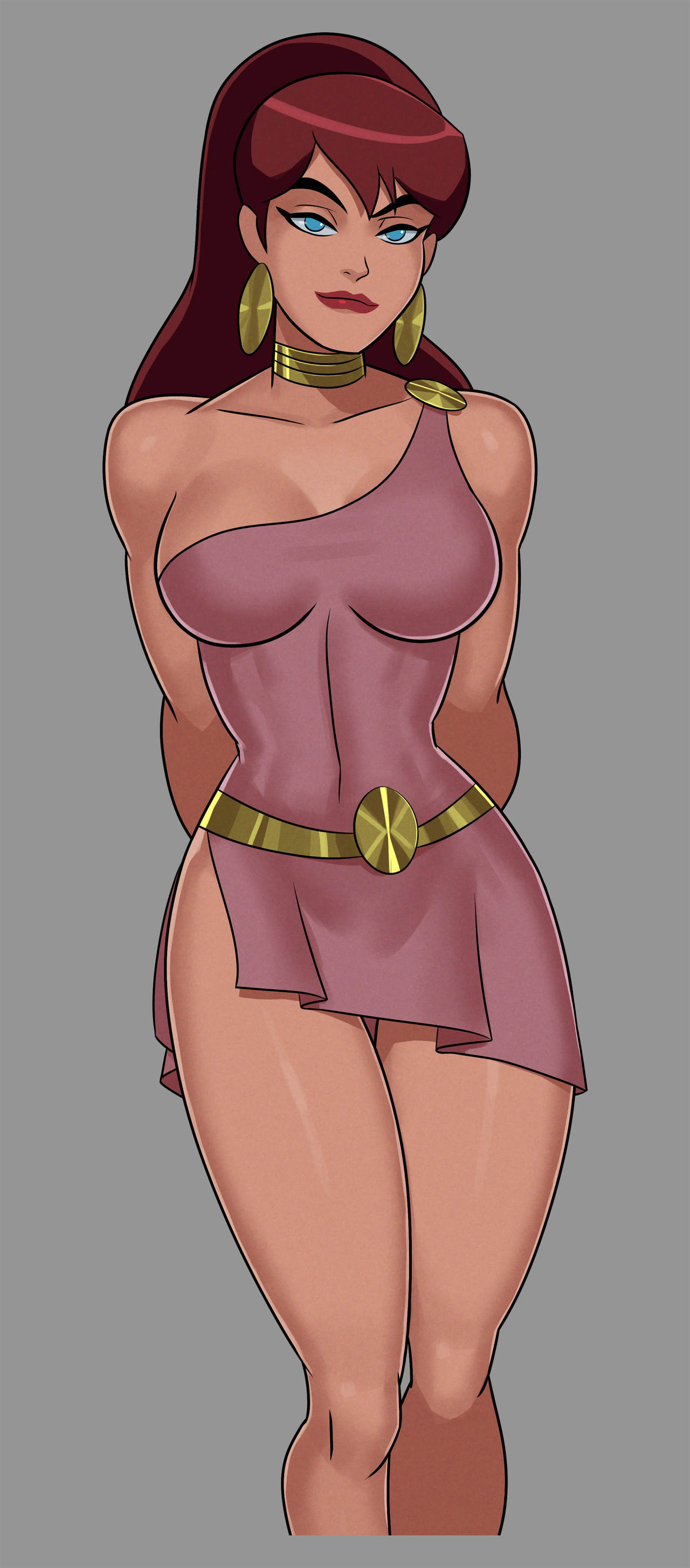 1girls, abs, arms behind back, big breasts, blue eyes, breasts, busty, choker, cleavage, dc, dc comics, dcau, doris zeul, earrings, female, female focus, female only, giganta, gold jewelry, hourglass figure, large breasts, long hair, looking at viewer, muscular, muscular female, navel, nipples, pinup, ponytail, red hair, red lipstick, redhead, short dress, short skirt, smiling, smiling at viewer, solo, solo female, sunsetriders7, supervillain, thick thighs, thigh gap, wide hips, wonder woman (series)