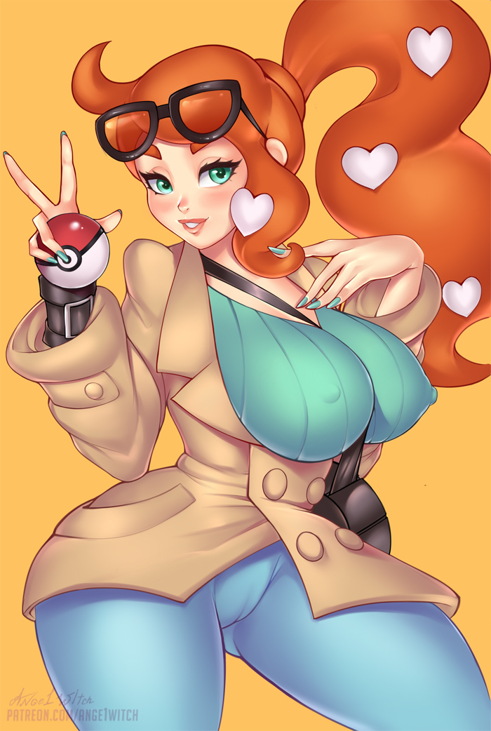 1girls, alternate breast size, alternate outfit, ange1witch, ass, big ass, big breasts, blue eyes, blue nails, blush, bodysuit, breasts, cameltoe, cleavage, clothed, coat, erect nipples, eyelashes, female, female human, female only, full lips, grin, hair ornament, half-closed eyes, heart, huge breasts, human, human only, large breasts, light skin, light-skinned female, lipstick, long hair, long nails, looking at viewer, male, nintendo, nipple bulge, nipples, offscreen male, patreon, pokemon, pokemon ss, ponytail, pussy, slim waist, smile, solo, sonia (pokemon), sunglasses, sunglasses on head, teeth, text, thick thighs, thigh gap, url, variant set, veins, watermark, wide hips, yellow background