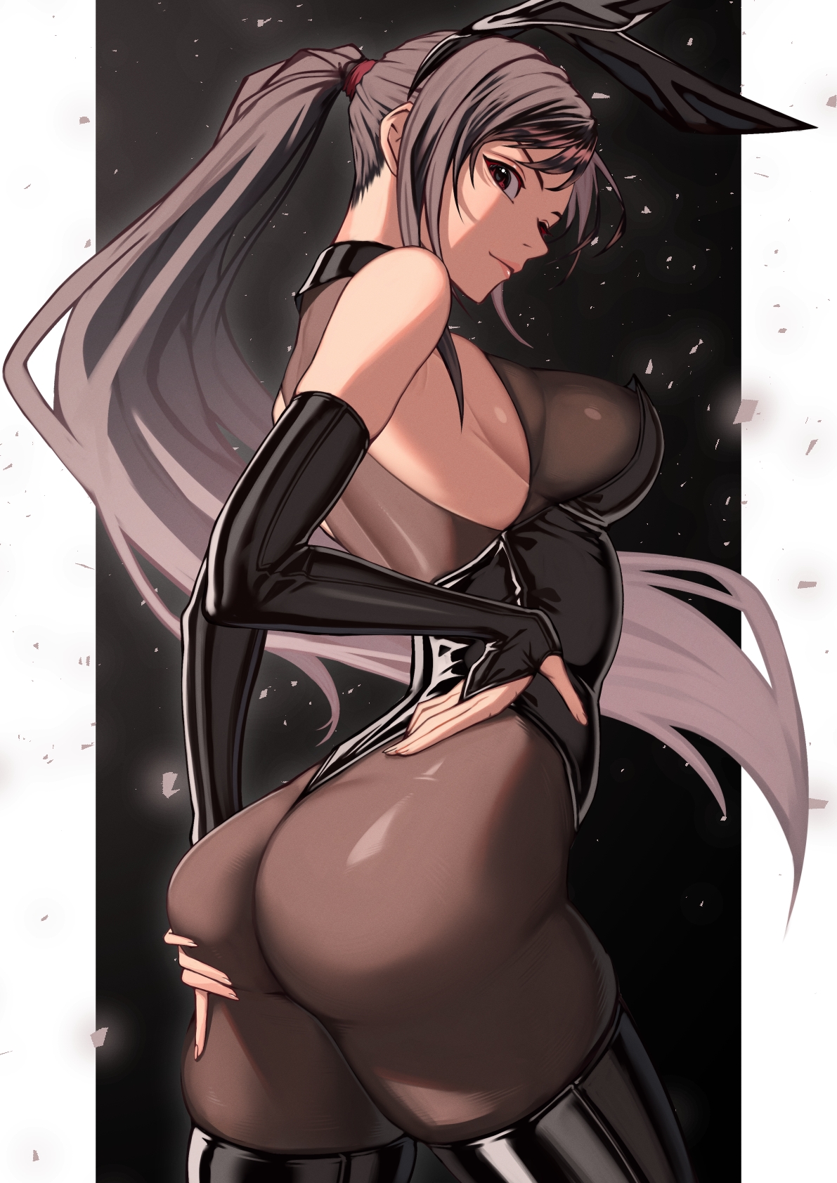 1girls, alternate costume, alternate hairstyle, animal ears, ass, ass focus, back, black hair, black leotard, breasts, fake animal ears, female, female only, final fantasy, final fantasy vii, final fantasy vii remake, from behind, gloves, grabbing own ass, hand on own ass, high ponytail, highres, huge ass, large breasts, leotard, long hair, looking back, pantyhose, ponytail, rabbit ears, sideboob, simple background, skindentation, solo, strapless, strapless leotard, temoc, thick thighs, thighhighs, thighs, tifa lockhart