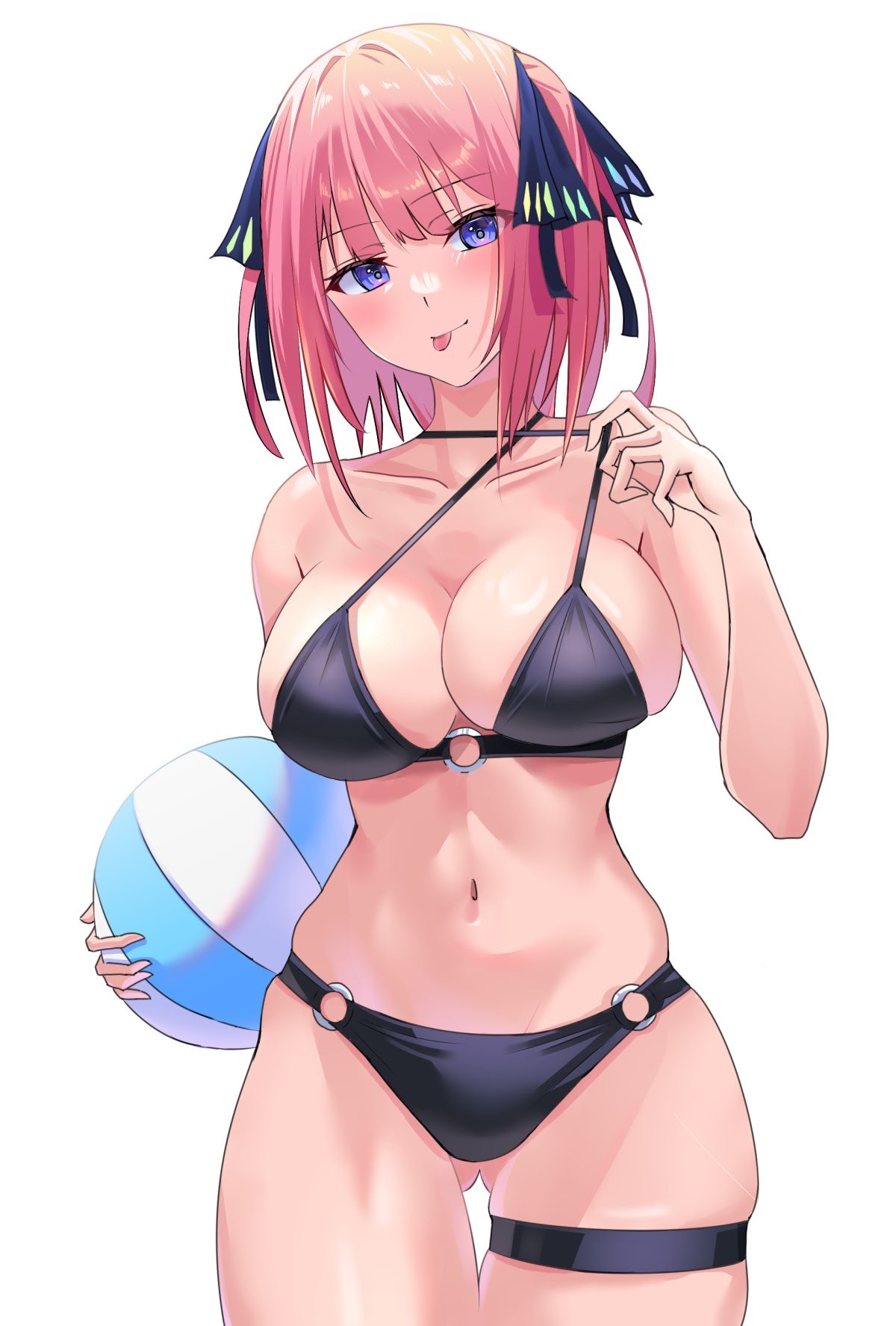 :p, 1girls, bare shoulders, bikini, bikini top lift, black bikini, black ribbon, blue eyes, blunt bangs, blush, bob cut, breasts, butterfly hair ornament, cleavage, closed mouth, clothes lift, clothes pull, collarbone, commentary request, female, female only, gluteal fold, go-toubun no hanayome, hair ornament, hair ribbon, highres, holding, large breasts, lifting own clothes, looking at viewer, midriff, nakano nino, navel, o-ring, o-ring bikini, o-ring bottom, pink hair, ribbon, sidelocks, simple background, skindentation, solo, standing, stomach, string bikini, swimsuit, teasing, thigh strap, thighs, tongue, tongue out, two side up, uyufuzi s, variant set, white background