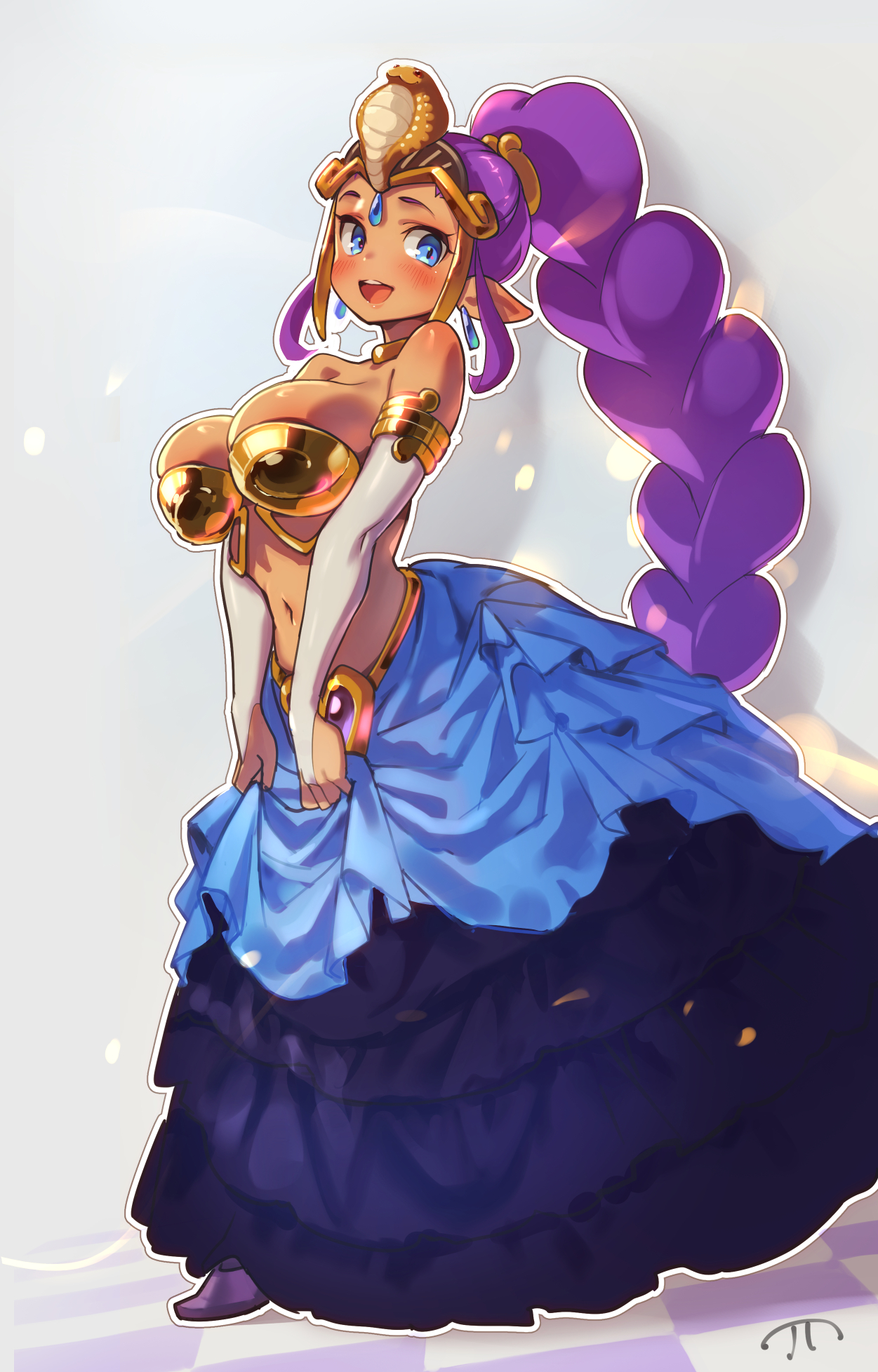 1girls, 2d, 2d (artwork), 2d artwork, bare shoulders, belly button, belly dancer, belly dancer outfit, bikini, bikini top, blue eyes, bra, bracelet, braided hair, breasts, collar, dancer outfit, dancer shantae, dancing costume, ear piercing, earrings, female, harem girl, harem outfit, life is pi, metal collar, midriff, navel, purple hair, shantae, shantae (character), sideboob, thigh strap, wayforward