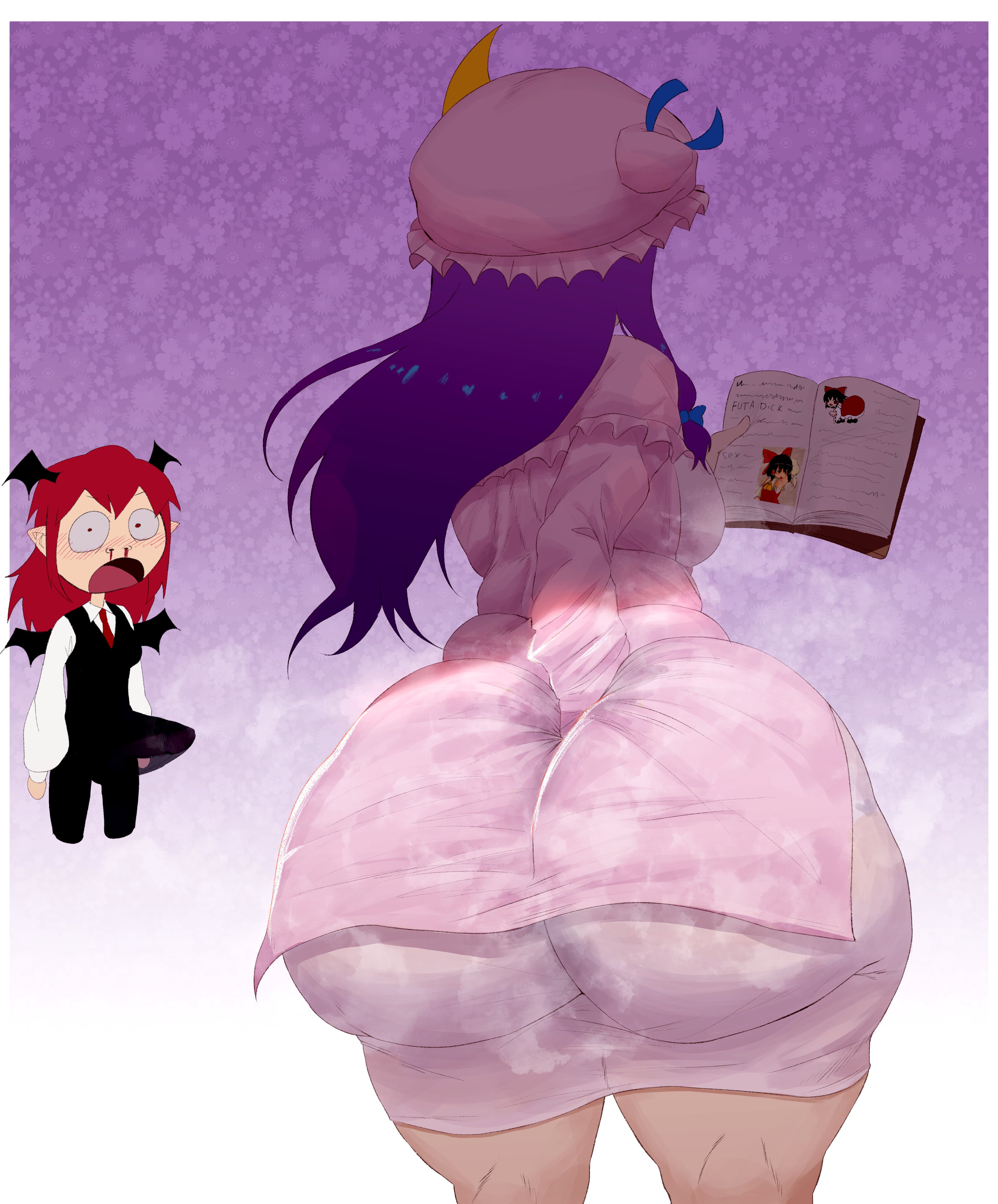 ass, big ass, bulge, butt digging, digging up in they ass, erect penis, erection, erection under clothes, futanari, huge ass, koakuma, kyokeer, nosebleed, patchouli knowledge, steam, steaming body, thick thighs, touhou