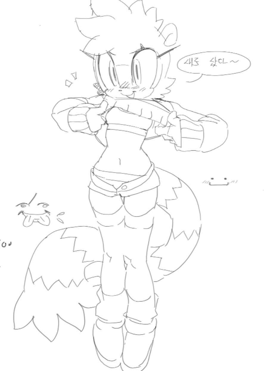 big eyes, blush, cute, flat chest, korean text, kosherea, lifting shirt, navel, sega, sketch, skinny, small breasts, sonic (series), sonic the hedgehog (comics), sonic the hedgehog (idw), sonic the hedgehog (series), source deleted, sweater, sweater lift, tagme, tangle the lemur, tomboy, wide hips