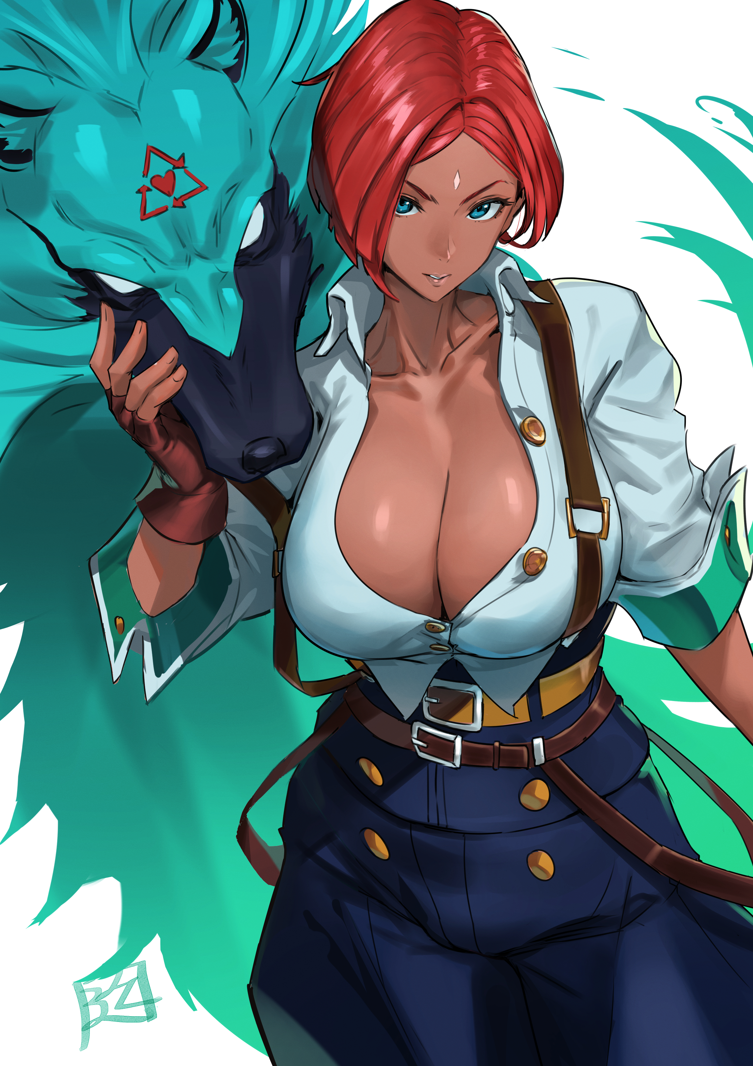 1girls, absurdres, belt, big breasts, breasts, brown belt, brown gloves, canine, cleavage, commentary request, dark skin, dark-skinned female, female, female only, giovanna (guilty gear), gloves, green dog, green eyes, green fur, guilty gear, guilty gear strive, high-waist pants, highres, juaag acgy, juaagacgy, large breasts, looking at viewer, multiple belts, pants, parted bangs, partially unbuttoned, red hair, rei (guilty gear), short hair, simple background, sleeves pushed up, solo, suspenders, suspenders hanging, white background, wolf, yellow belt