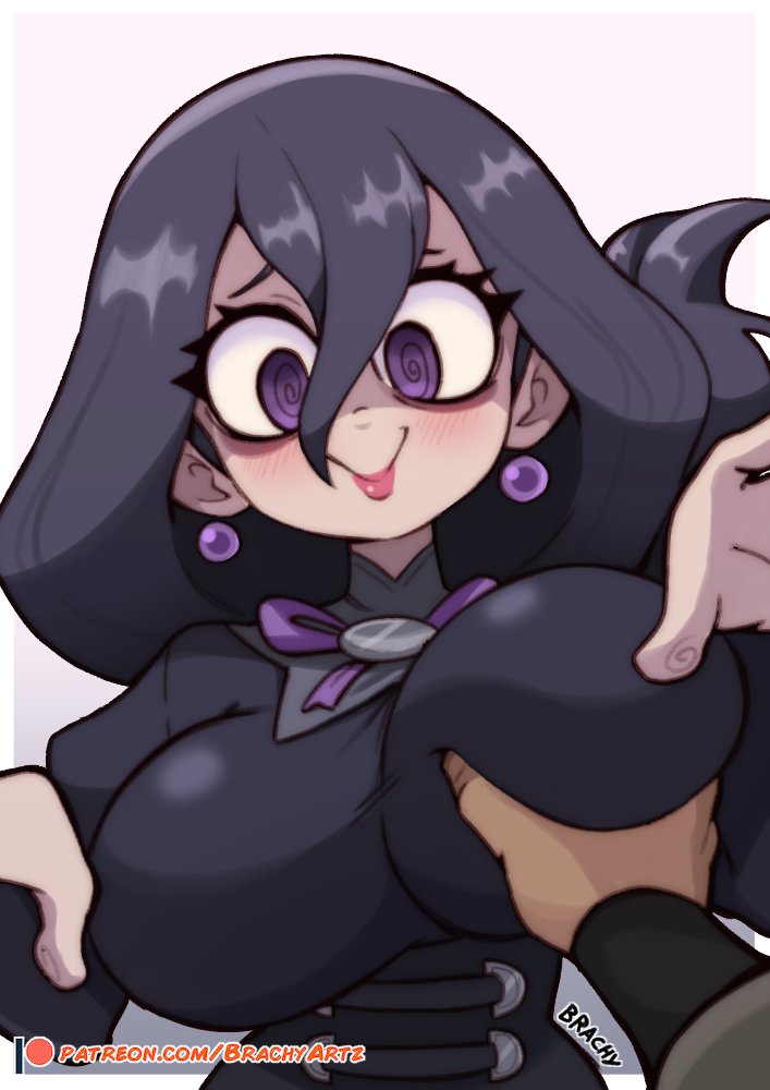@ @, 1boy, 2025, arms at sides, arms up, artist name, bags under eyes, black hair, blush, brachyzoid, breasts, commentary, corset, english commentary, female, flustered, grabbing another's breast, groping, hair between eyes, hex maniac, hex maniac (pokemon legends: z-a), juliet sleeves, large breasts, light blush, long hair, long sleeves, looking at viewer, low ponytail, mature female, meme, nintendo, notice lines, occult maniac, occult maniac (pokemon legends: z-a), occult maniac (pokemon), occult maniac (z-a), open mouth, pink lips, pokemon, pokemon legends: z-a, ponytail, pov, pov cheek grabbing (meme), pov hands, puffy long sleeves, puffy sleeves, reaching, reaching towards viewer, simple background, solo, solo focus, upper body, wavy hair, white background