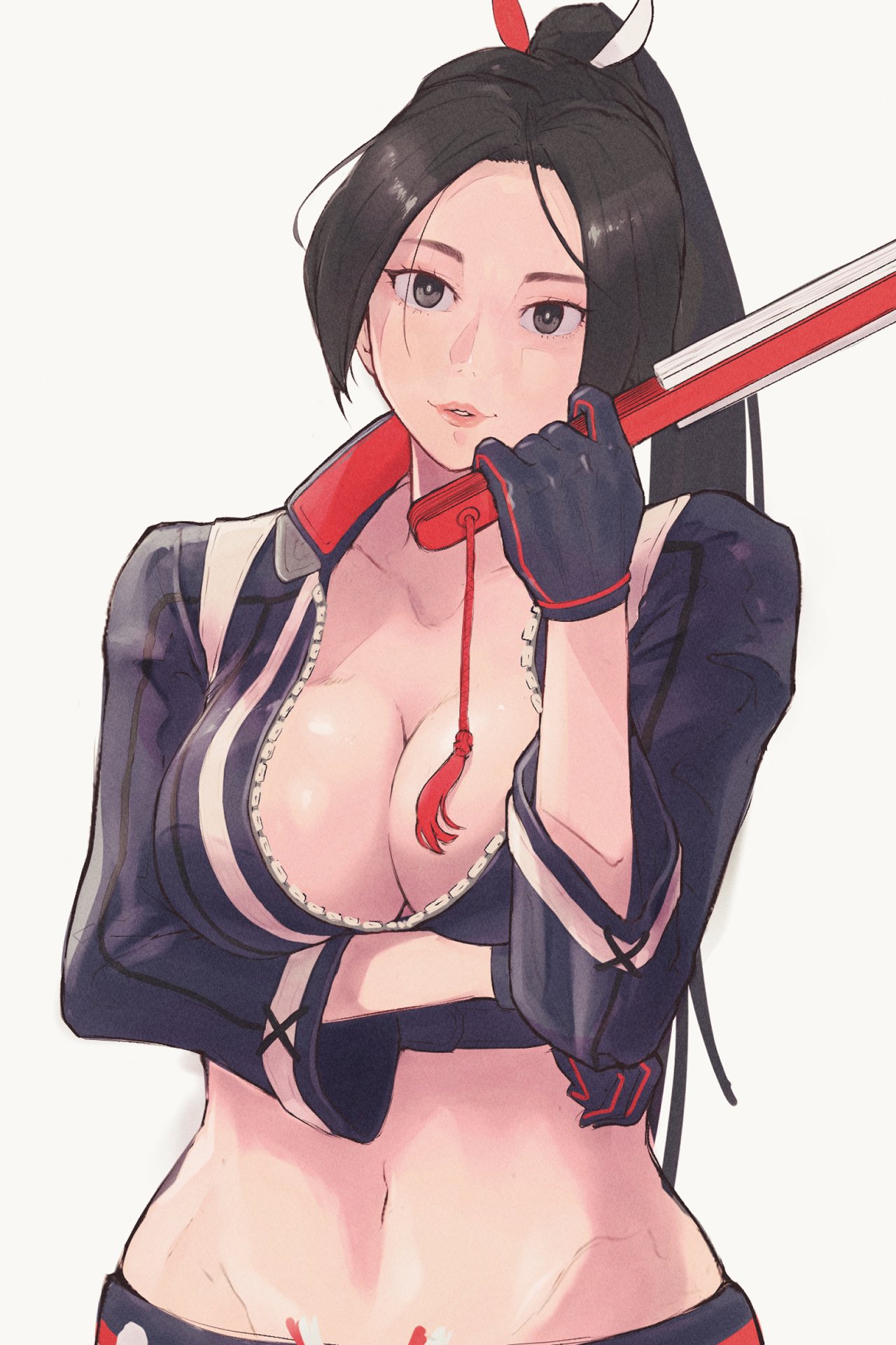 arm under breasts, big breasts, biker clothes, black eyes, black gloves, black hair, black jacket, breasts, capcom, cleavage, crop top, cropped jacket, fan, fatal fury, fatal fury: city of the wolves, female, folding fan, gloves, hand fan, high ponytail, highres, holding, holding fan, jacket, large breasts, lips, long hair, long sleeves, looking at viewer, mai shiranui, mai shiranui (city of the wolves), midriff, navel, no bra, official alternate costume, parted bangs, parted lips, partially unzipped, ponytail, simple background, snk, solo, stomach, street fighter, street fighter 6, unzipped, white background, yuenibushi, zipper