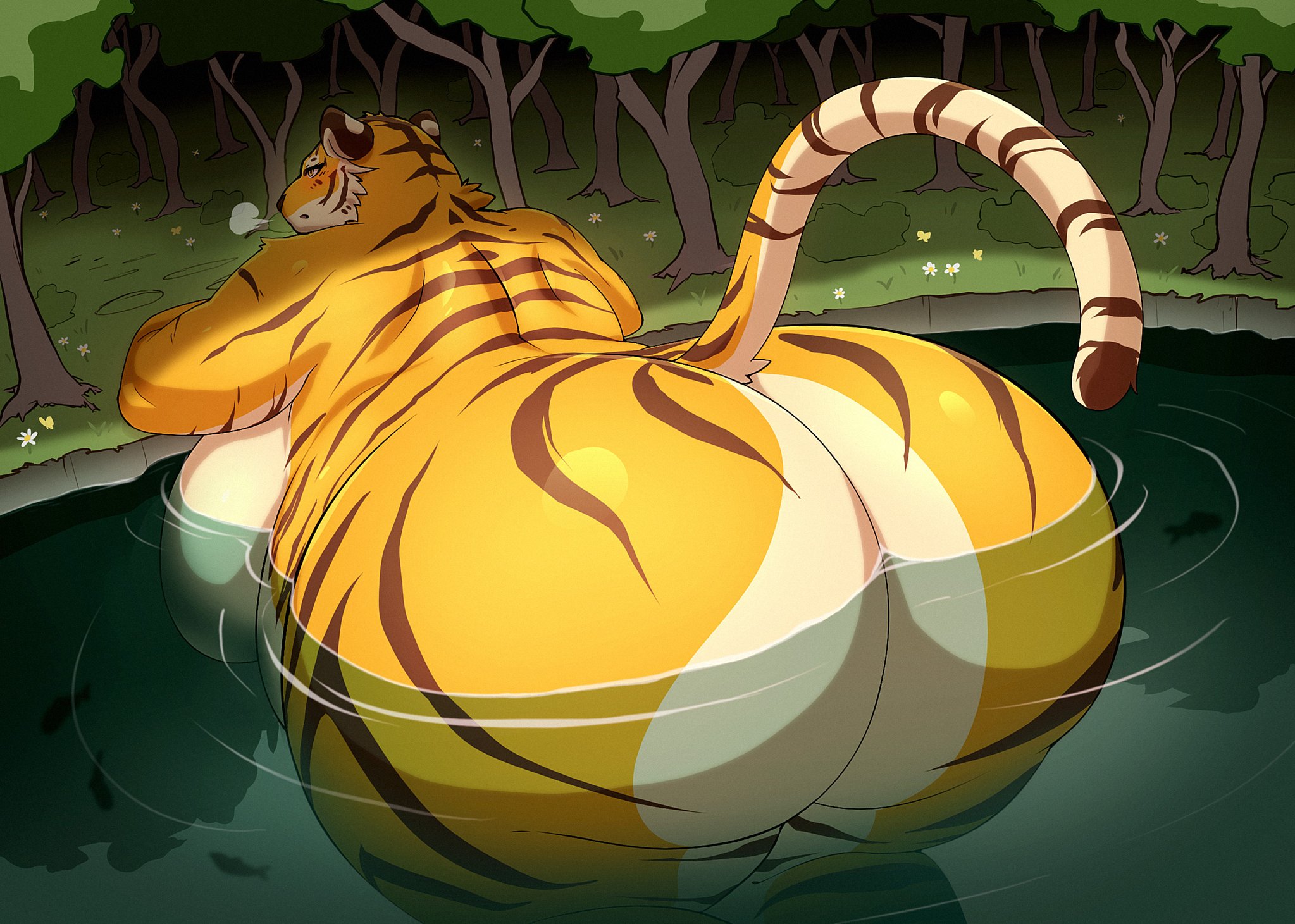 bathing, bbw, big breasts, big butt, blush, breasts, chubby female, facial tuft, felid, female, flower, furry, huge ass, huge breasts, lake, nature, not looking at the viewer, nude, nude female, obese, relaxing, sigh, stripes, suzume 333, tail, tiger, tree, water, yellow fur