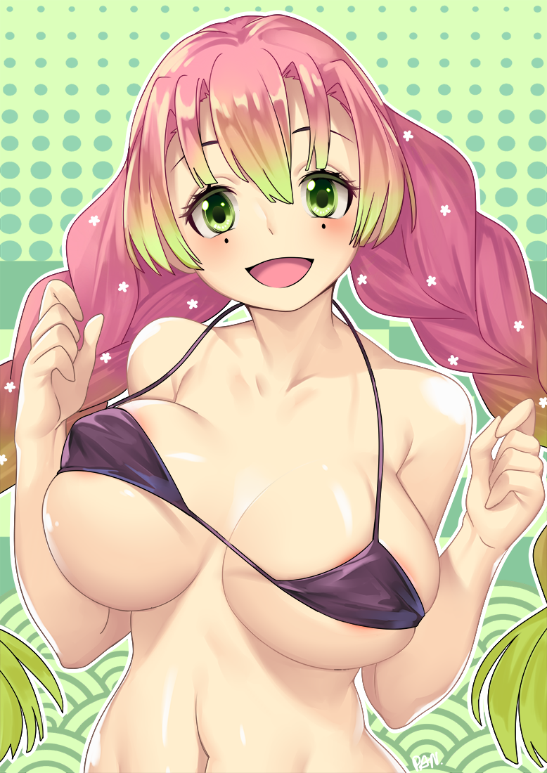 areola_slip areolae bikini black_bikini black_swimsuit blush braids breasts cleavage demon_slayer female gradient_hair green_background green_eyes green_hair hair_between_eyes kanroji_mitsuri kashi_kosugi kimetsu_no_yaiba large_breasts long_hair looking_at_viewer micro_bikini midriff mole mole_under_eye multicolored_hair navel open_mouth patterned_background pink_hair polka_dot polka_dot_background signature skindentation smile solo string_bikini swimsuit tied_hair twin_braids two-tone_hair upper_body