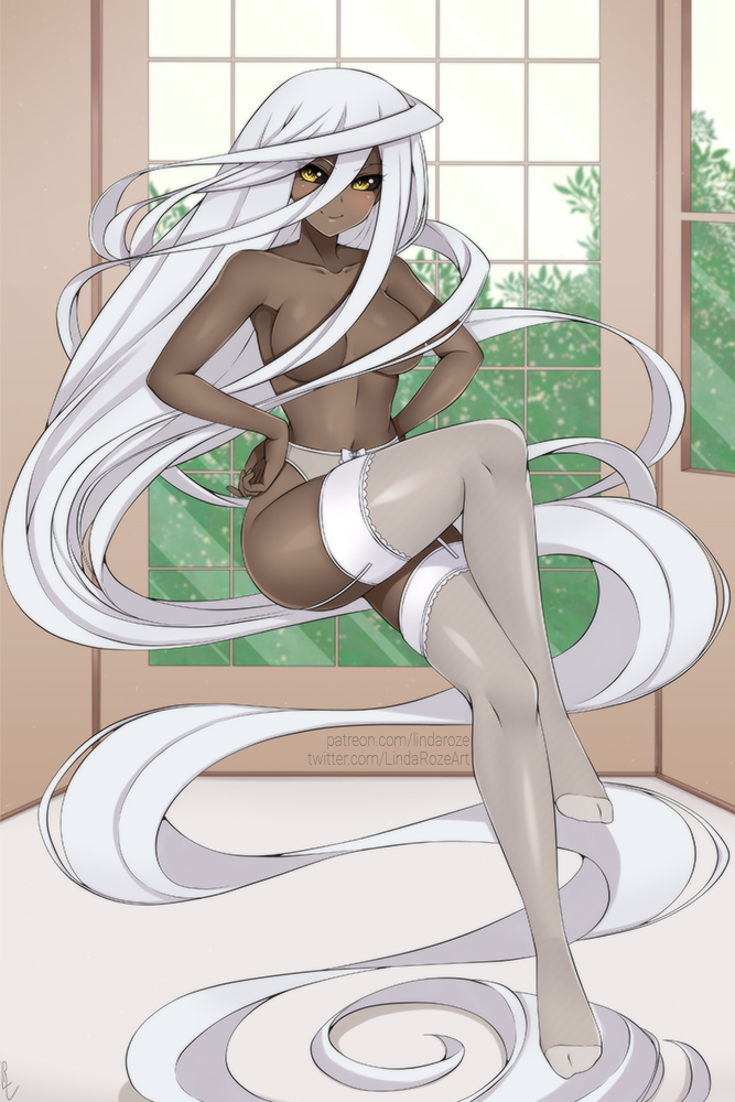 1girls, breasts, brown skin, doppel (monster musume), doppelganger, female, female only, full color, humanoid, lindaroze, monster girl, monster musume no iru nichijou, mostly nude, shapeshifter, solo, stockings, thick thighs, white hair, white stockings