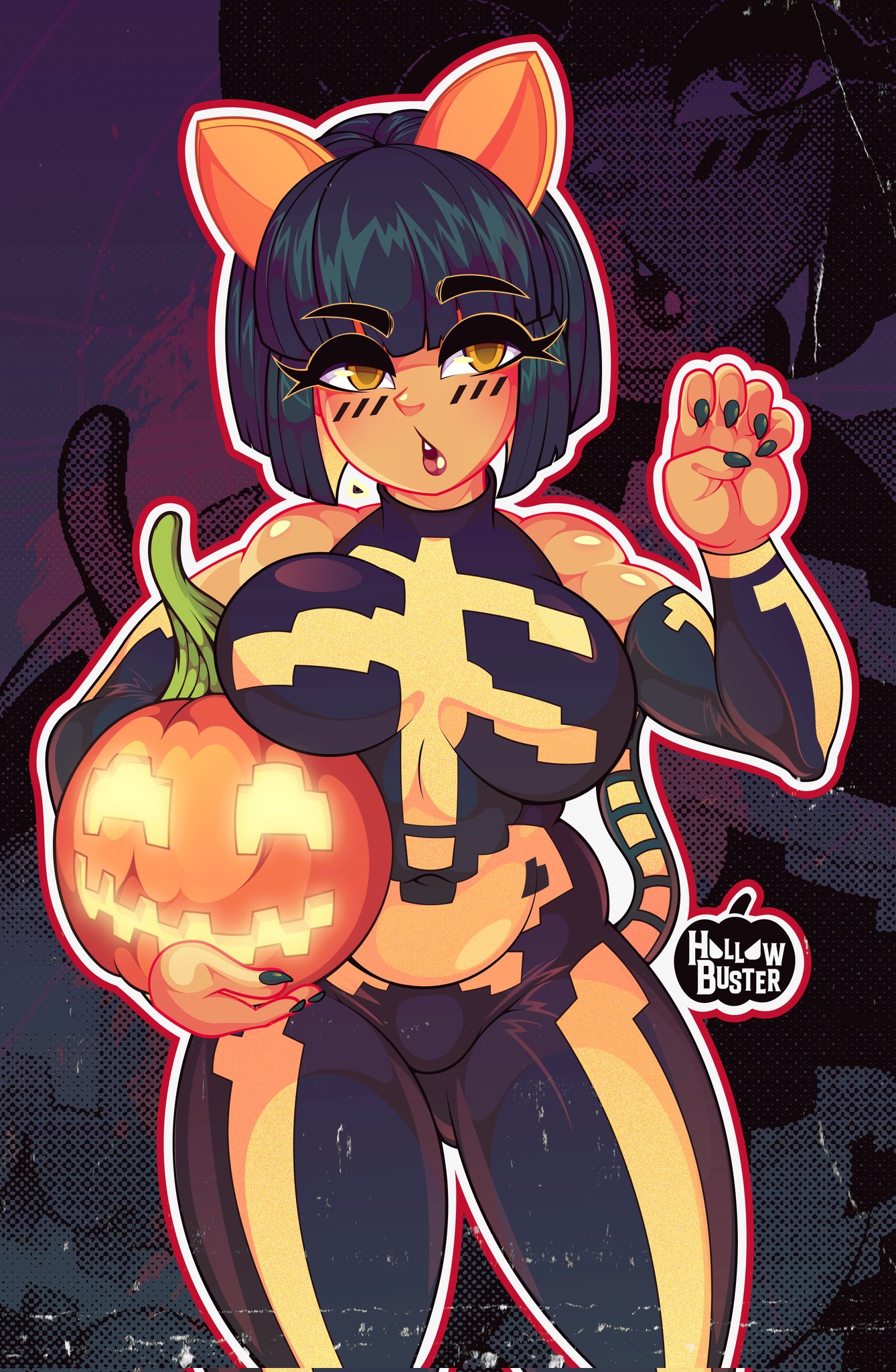 agata (fortnite), belly, bob cut, bodysuit, breasts, cat ears, cat tail, clothed, cosplay, costume, fortnite, hollowbuster, muscular female, short hair, shoulders, spice (fortnite), strong female, thick thighs, wide hips, yellow eyes