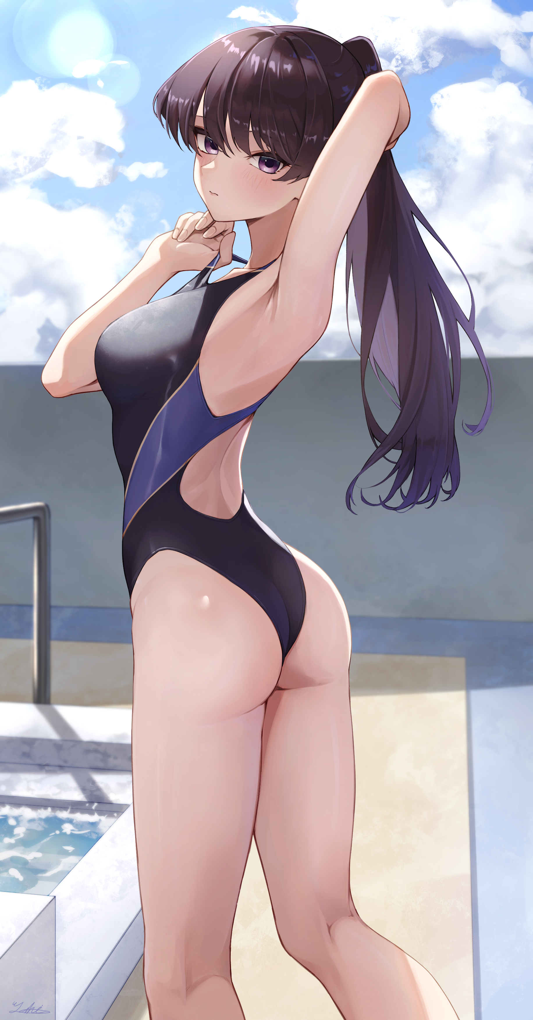 1girl, 1girls, absurdres, adjusting clothes, adjusting swimsuit, armpits, arms up, ass, back, back cutout, big breasts, black hair, black hair female, black-haired female, blue one-piece swimsuit, blush, blush lines, breasts, clothing cutout, competition swimsuit, female, female only, high ponytail, highres, knee up, komi shouko, komi-san wa komyushou desu, large breasts, long hair, looking at viewer, one-piece swimsuit, outdoors, ponytail, poolside, purple eyes, purple eyes female, purple-eyed female, sole female, solo, swimsuit, thighs, yuhi (yuhi atb26)