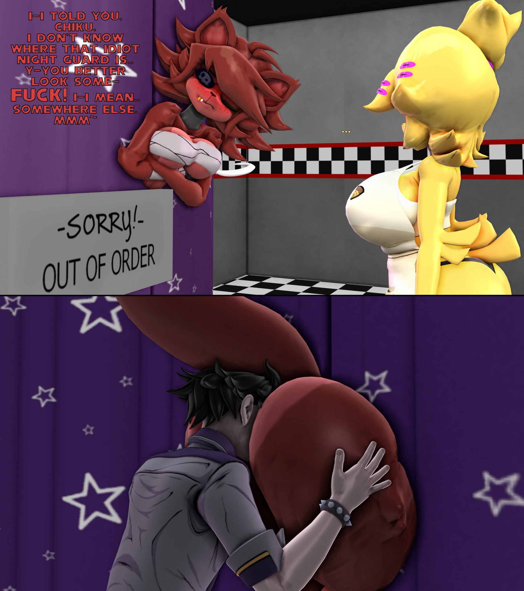 1boy, 2girls, 3d, animatronic, anthro, chica (fnaf), chiku (cryptia), chiku (cryptiacurves), fazclaire's nightclub, female, fexa, fexa (cryptia), fexa (cryptiacurves), five nights at freddy's, foxy (fnaf), fredina's nightclub, grabbing ass, human, licking, male, mikumikudance, mmd, night guard (fnaf), rimming, silverteam2017, straight