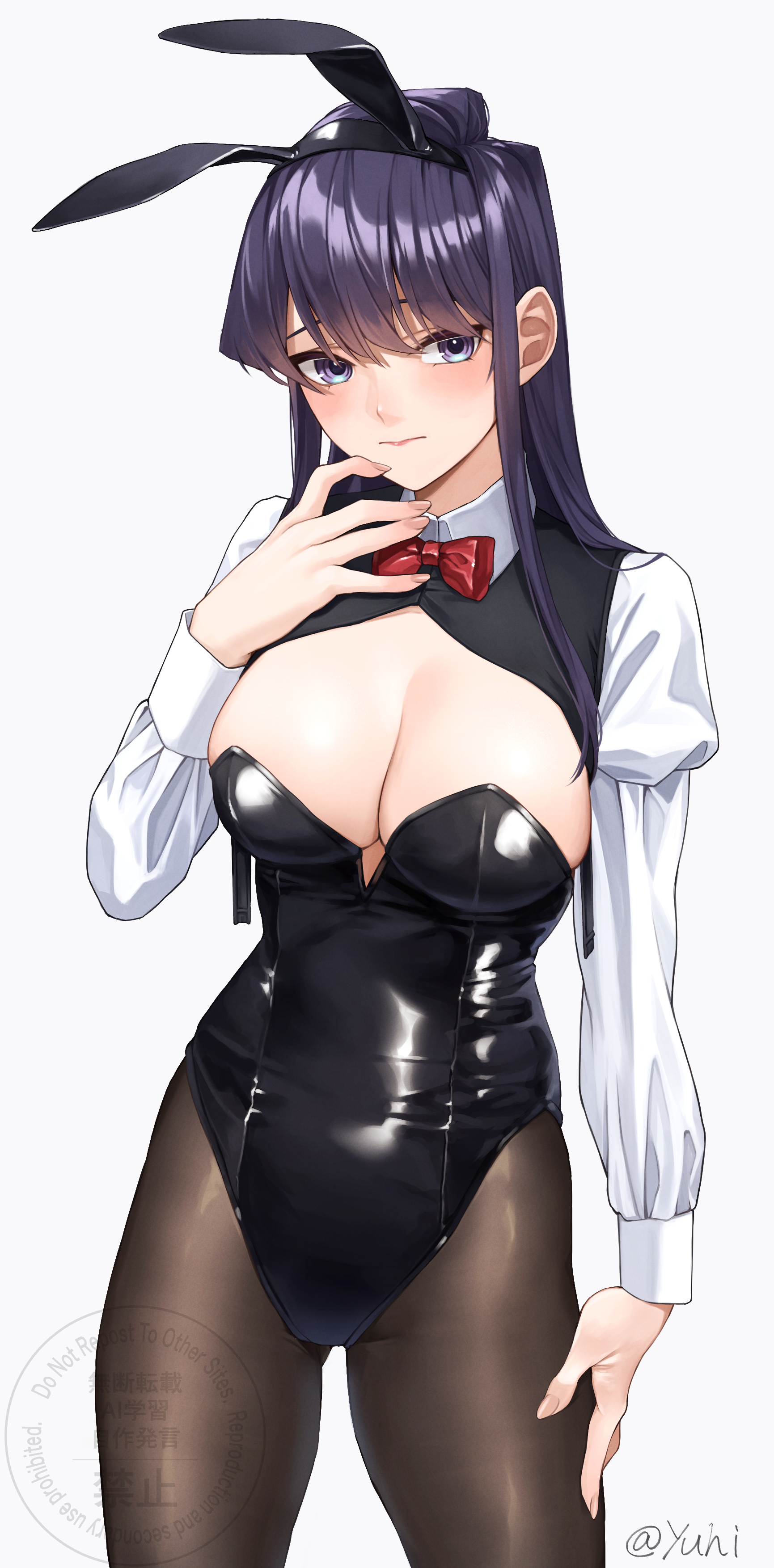 absurdres, animal ears, black leotard, black shrug, blue background, blush, bow, bowtie, breasts, brown pantyhose, cleavage, closed mouth, fake animal ears, female, female only, gradient background, hand up, highleg, highleg leotard, highres, komi shouko, komi-san wa komyushou desu, large breasts, leotard, long hair, long sleeves, looking at viewer, multicolored shrug, pantyhose, purple eyes, purple hair, rabbit ears, red bow, red bowtie, shrug (clothing), solo, strapless, strapless leotard, traditional bowtie, twitter username, two-tone shrug, watermark, white shrug, yuhi (yuhi atb26)