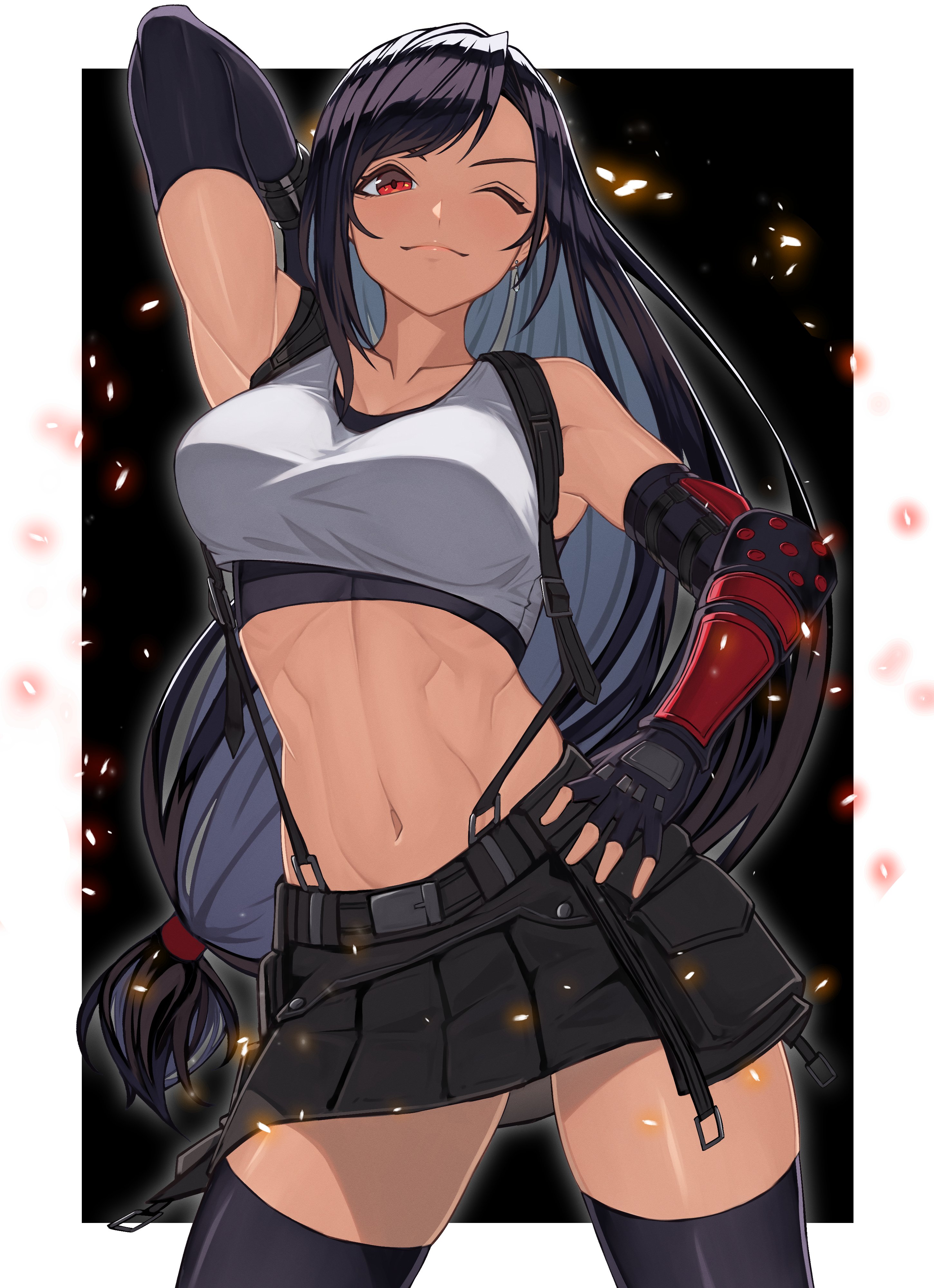 1girls, absurdres, bare shoulders, black gloves, black hair, black sports bra, black thighhighs, breasts, collarbone, crop top, earrings, elbow gloves, elbow pads, female, female only, final fantasy, final fantasy vii, final fantasy vii remake, fingerless gloves, floating earrings, gloves, hand on own hip, highres, jewelry, large breasts, long hair, low-tied long hair, midriff, navel, one eye closed, red eyes, shirt, skirt, sleeveless, sleeveless shirt, solo, sports bra, suspender skirt, suspenders, suspenders gap, swept bangs, tank top, teardrop earring, teardrop earrings, temoc, thighhighs, tifa lockhart, white shirt, white tank top