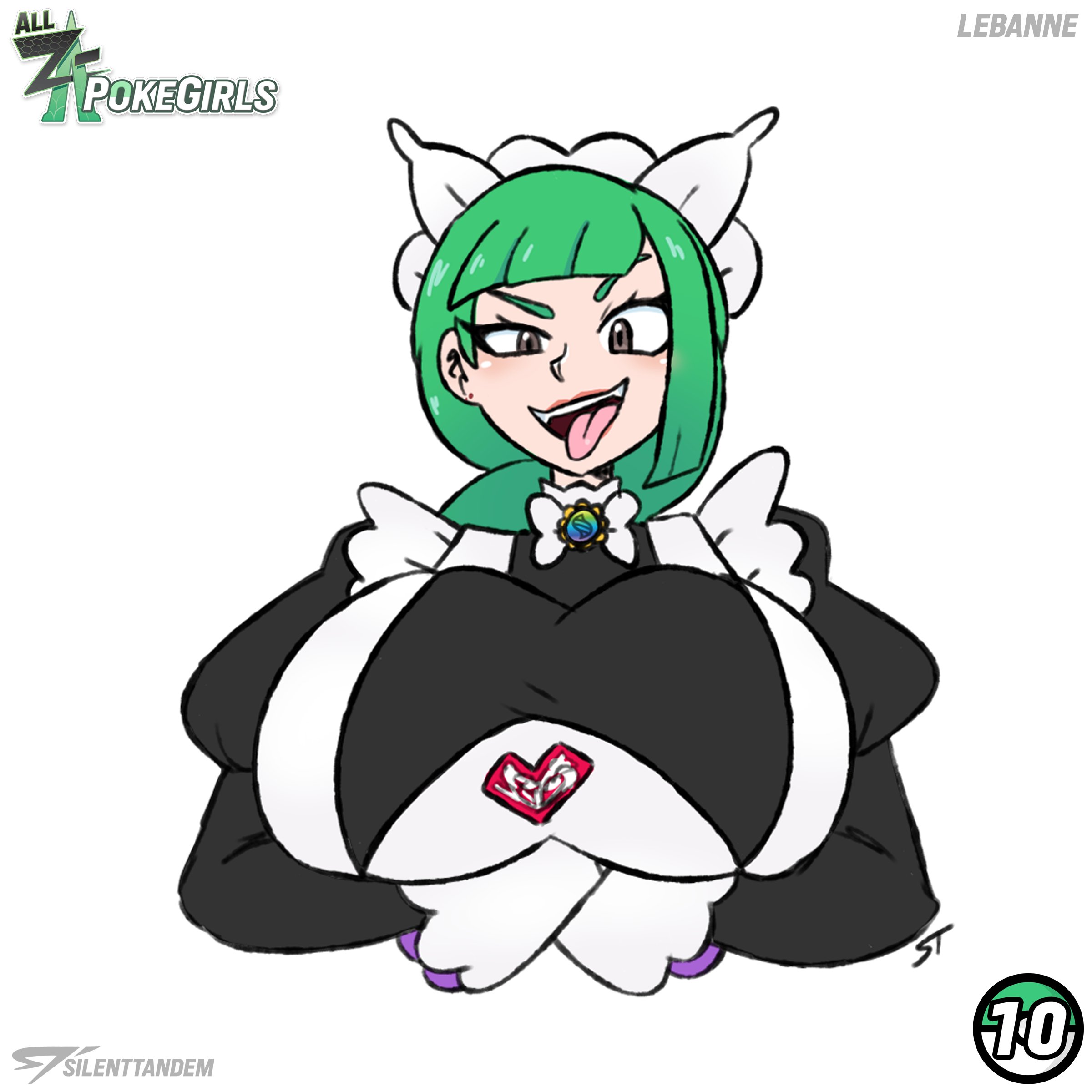 1girls, big breasts, breasts, character name, female, female only, game freak, green hair, harujio (pokemon), huge breasts, lebanne (pokemon), looking at viewer, maid, maid apron, maid headdress, nintendo, pokemon, pokemon legends: z-a, puffy sleeves, silenttandem, solo, tongue, tongue out
