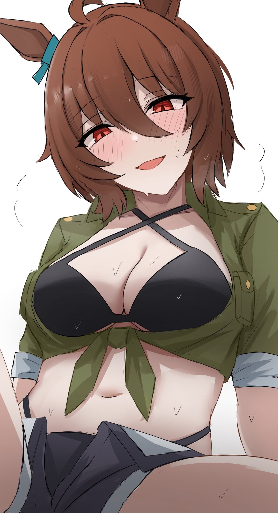 agnes tachyon (lunatic lab) (umamusume), agnes tachyon (umamusume), ahoge, animal ears, arm support, bikini, bikini under clothes, black bikini, black shorts, blush, breasts, brown hair, commentary, criss-cross halter, female, female only, green shirt, hair between eyes, halterneck, highres, horse ears, horse girl, looking at viewer, namikare, navel, official alternate costume, open fly, open mouth, red eyes, shirt, short hair, shorts, sitting, solo, spread legs, sweat, swimsuit, tied shirt, umamusume