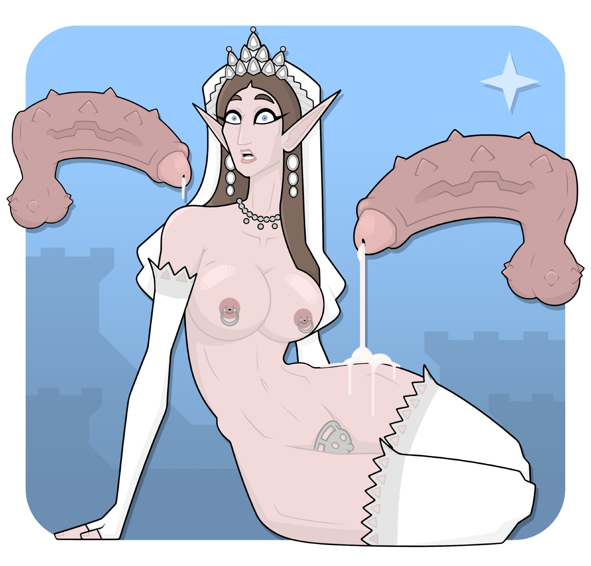 2d, 2d (artwork), big breasts, blue eyes, breasts, brown hair, caged cock, caged dick, caged futa, chastity cage, chastity device, cum, cum on ass, debella, earrings, elf, futanari, jewelry, large penis, leaking cum, leaking precum, long gloves, necklace, pearl necklace, penis, pierced nipples, real person, shocked expression, spiked balls, spiked penis, stockings, thick thighs, thin waist, tiara, trans woman, unseen male, veil, veiny penis, white clothing