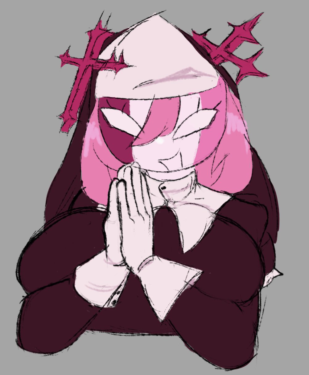 big breasts, breasts pressed together, friday night funkin, gray background, large breasts, mid fight masses, nun, nun hat, nun outfit, pink body, pink hair, praying, sarvente (dokki.doodlez), sixycherry, sketch, white eyes